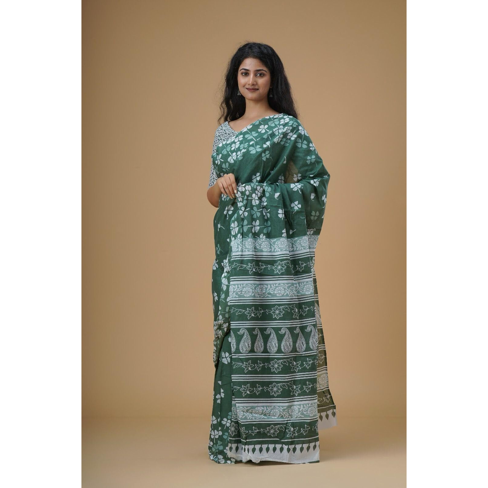 JALTHER Handicrafts Womens Ikat Hand Block Print Jaipuri Cotton Mulmul Saree with Blouse Piece - Green_26
