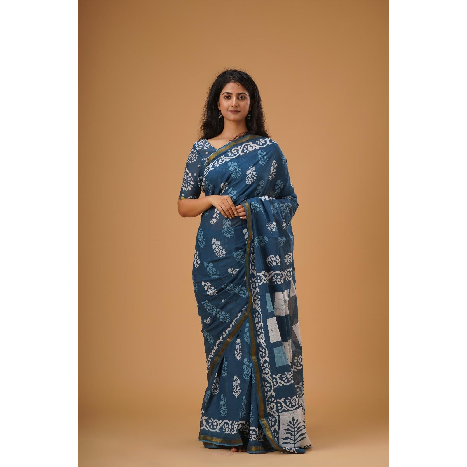 JALTHER Handicrafts Womens Ikat Hand Block Print Jaipuri Cotton Mulmul Saree Zari Border with Blouse Piece_Blue_9