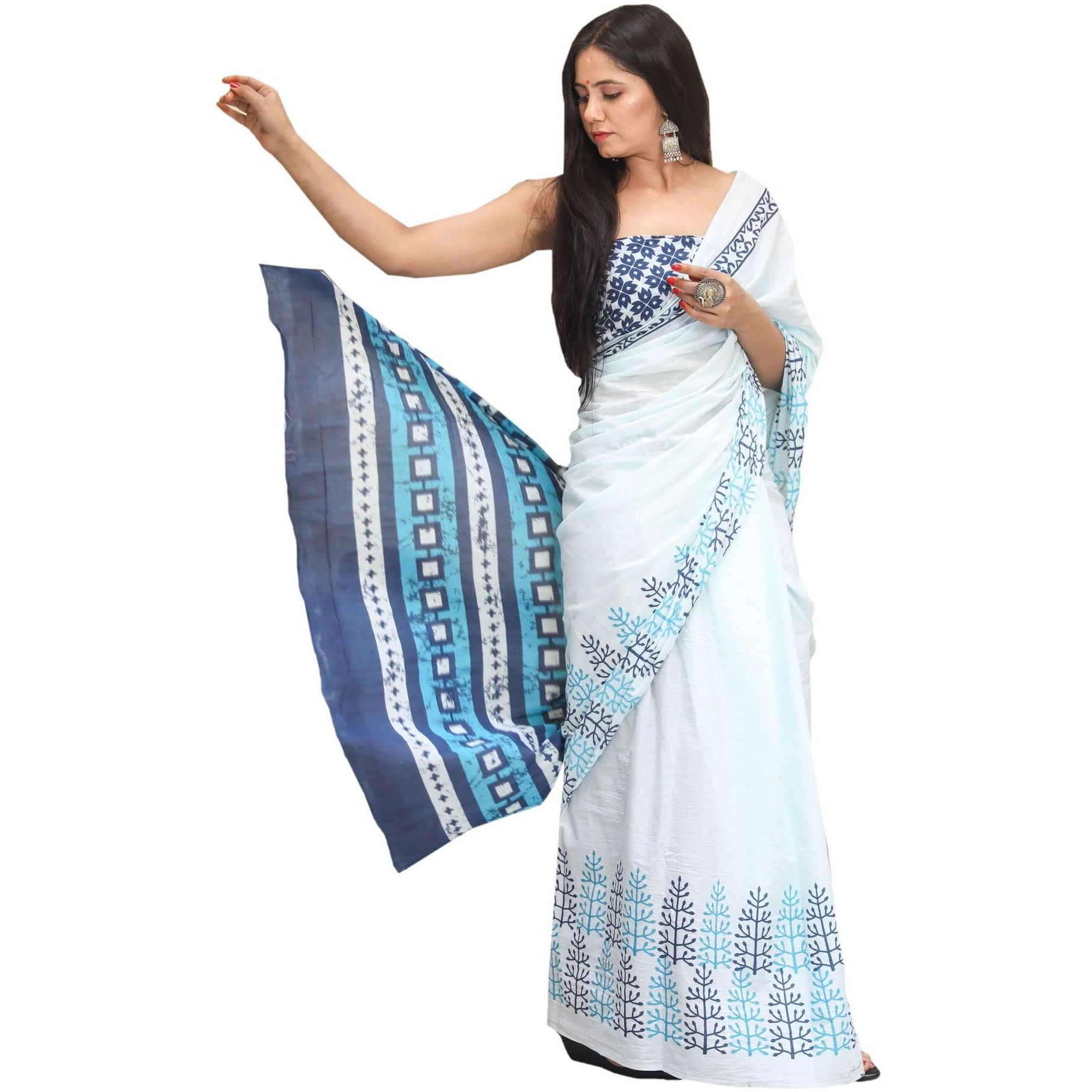JALTHER Handicrafts Womens Ikat Hand Block Print Jaipuri Cotton Mulmul Saree with Blouse Piece - White_DESIGN 14