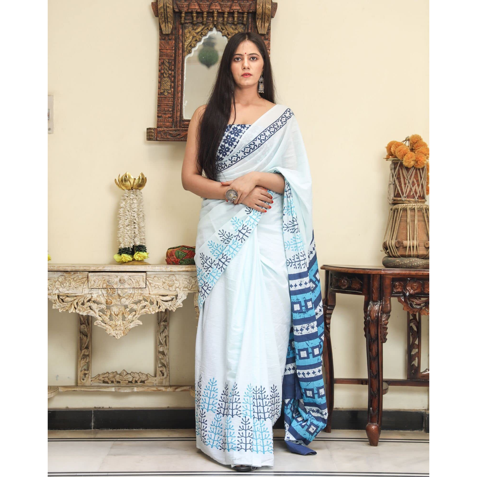 JALTHER Handicrafts Womens Ikat Hand Block Print Jaipuri Cotton Mulmul Saree with Blouse Piece - White_DESIGN 14