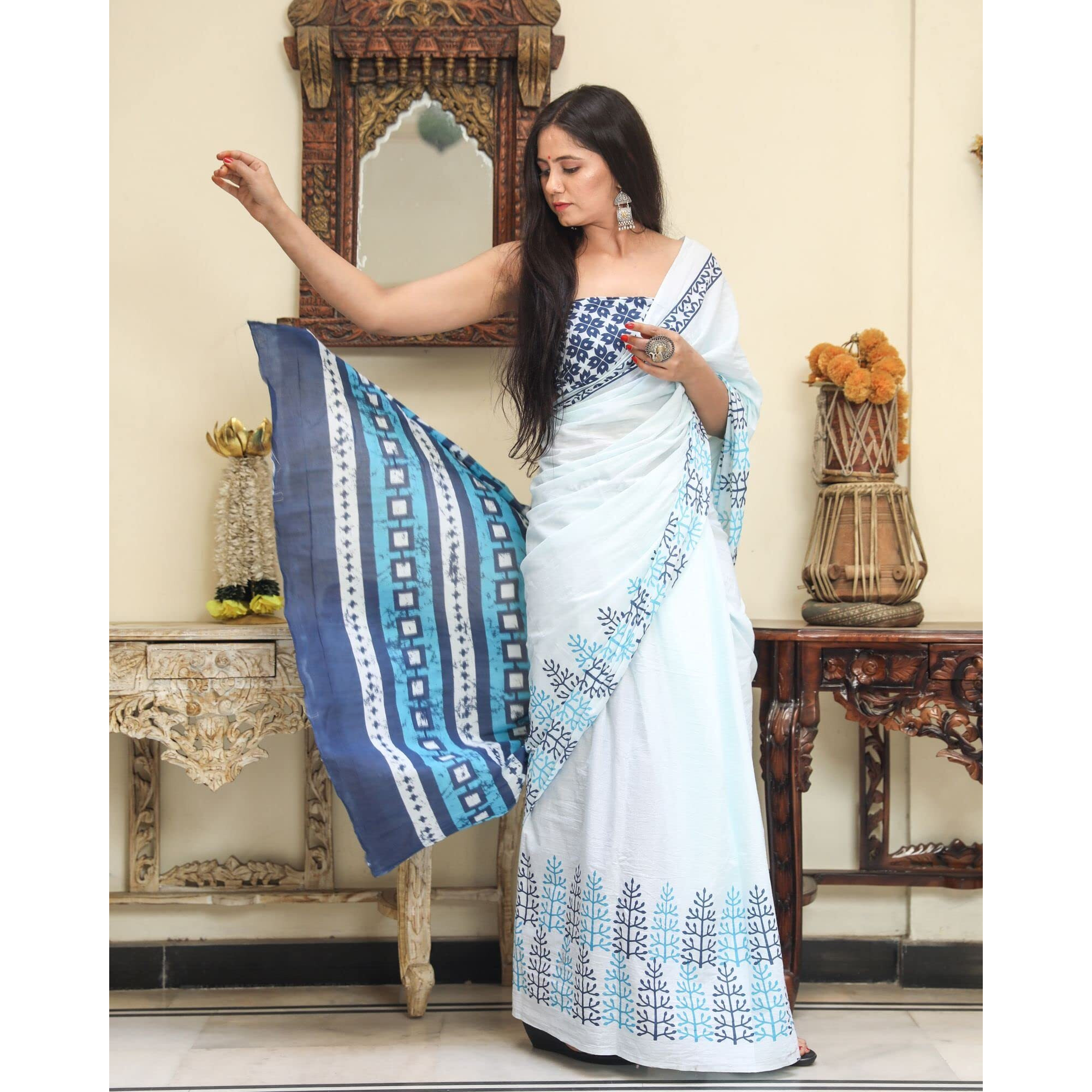 JALTHER Handicrafts Womens Ikat Hand Block Print Jaipuri Cotton Mulmul Saree with Blouse Piece - White_DESIGN 14
