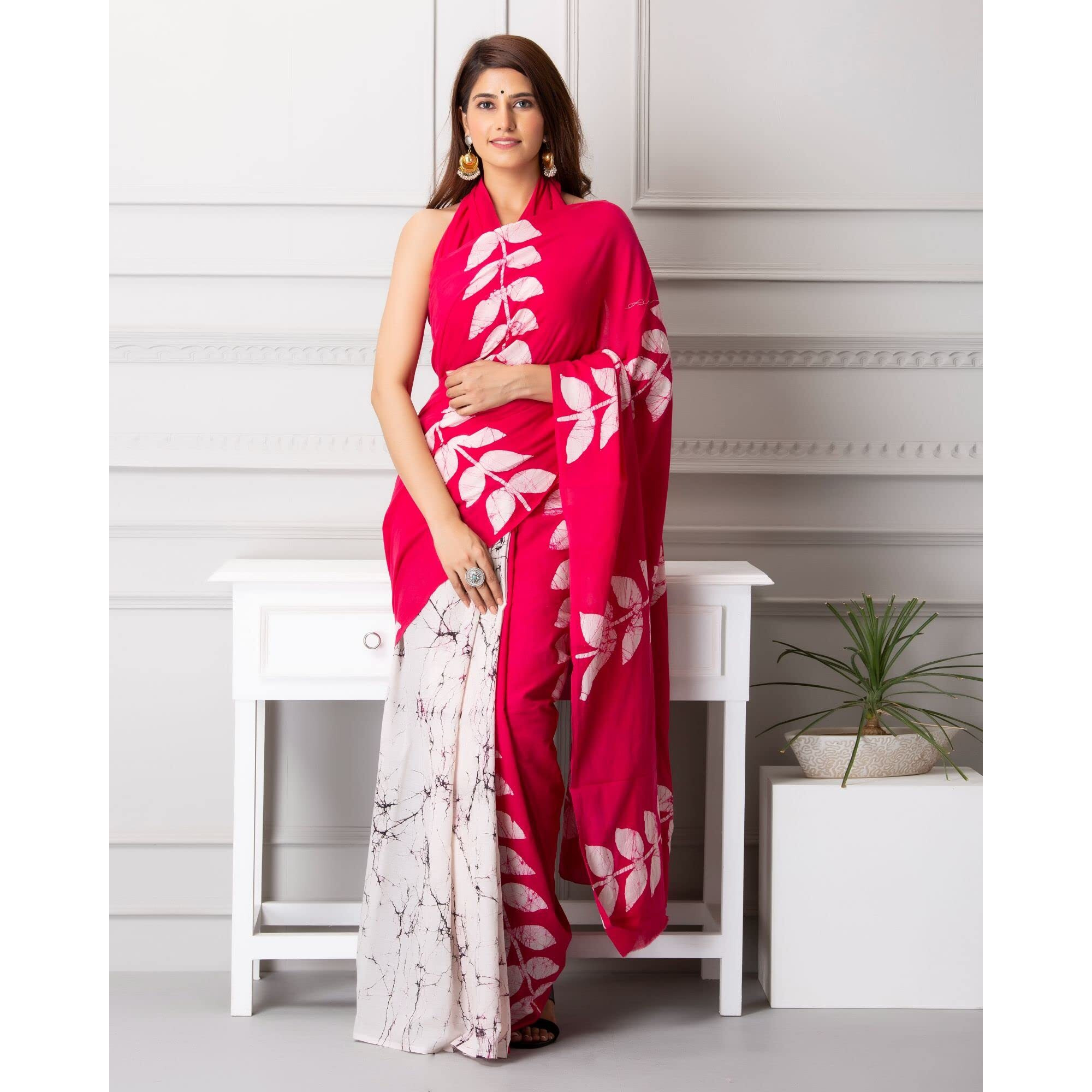 JALTHER Handicrafts Womens Ikat Hand Block Print Jaipuri Cotton Mulmul Saree with Blouse Piece - Pink_DESIGN 12