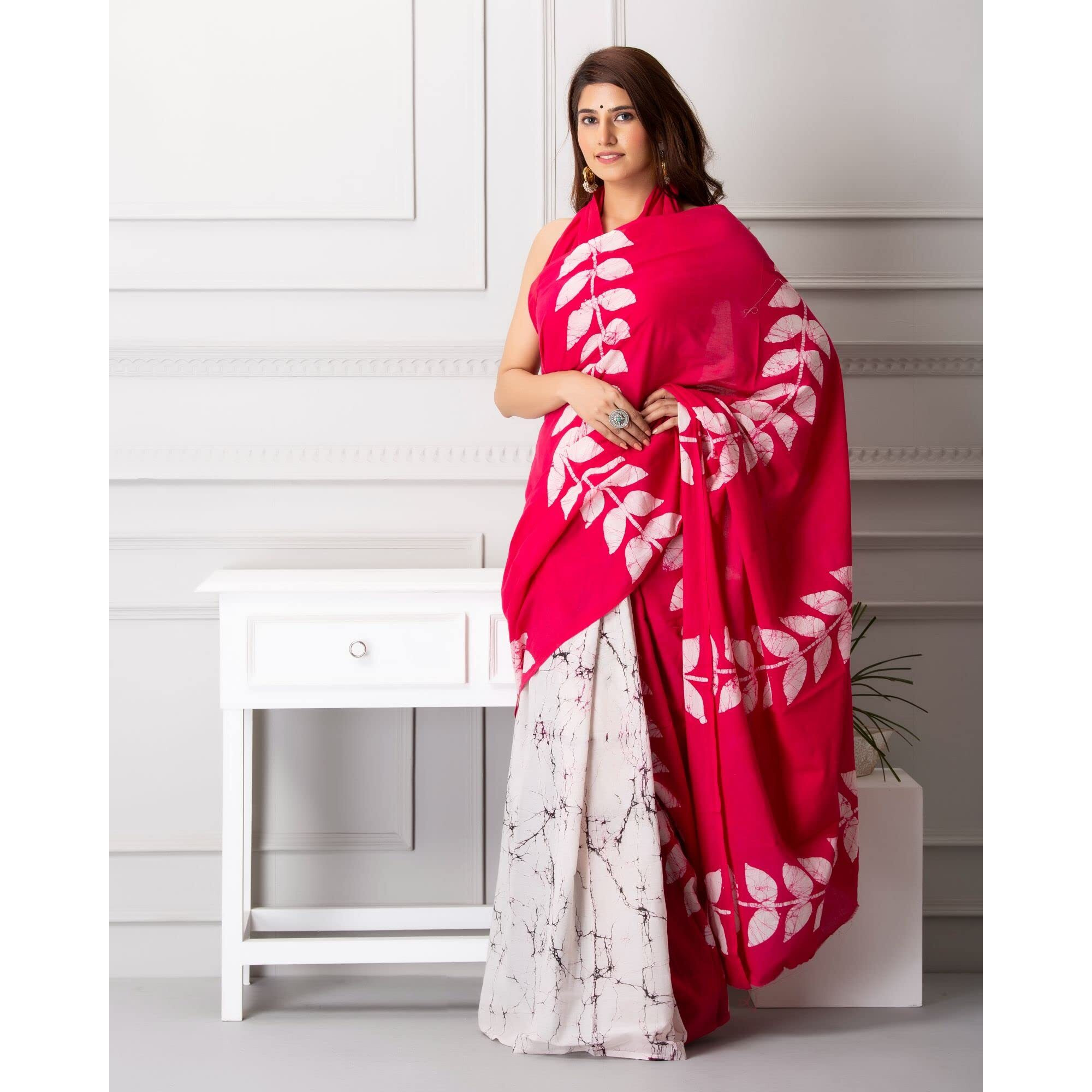 JALTHER Handicrafts Womens Ikat Hand Block Print Jaipuri Cotton Mulmul Saree with Blouse Piece - Pink_DESIGN 12