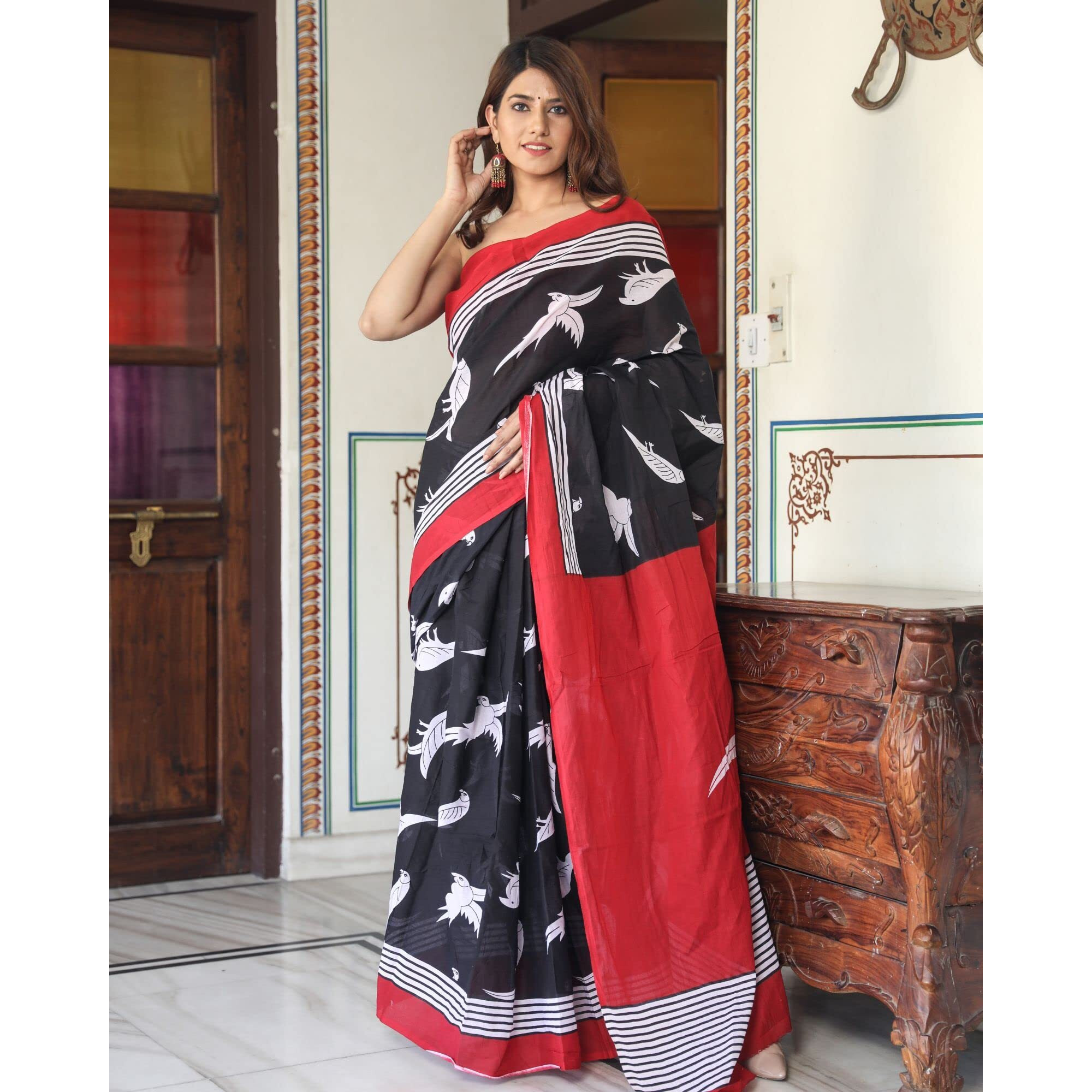 JALTHER Handicrafts Womens Ikat Hand Block Print Jaipuri Cotton Mulmul Saree with Blouse Piece - Black_DESIGN 28
