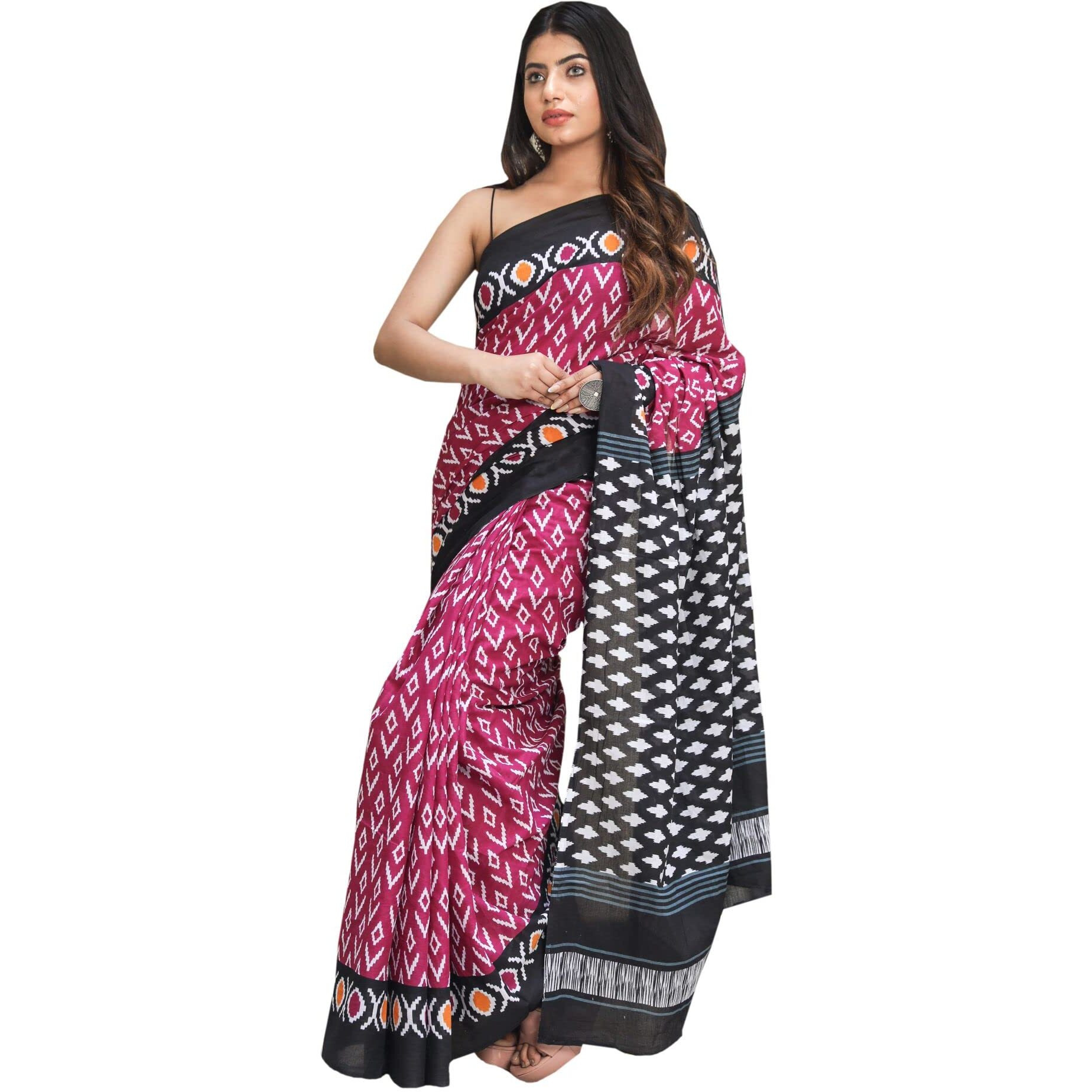 JALTHER Handicrafts Womens Ikat Hand Block Print Jaipuri Cotton Mulmul Saree with Blouse Piece - Maroon_DESIGN 7