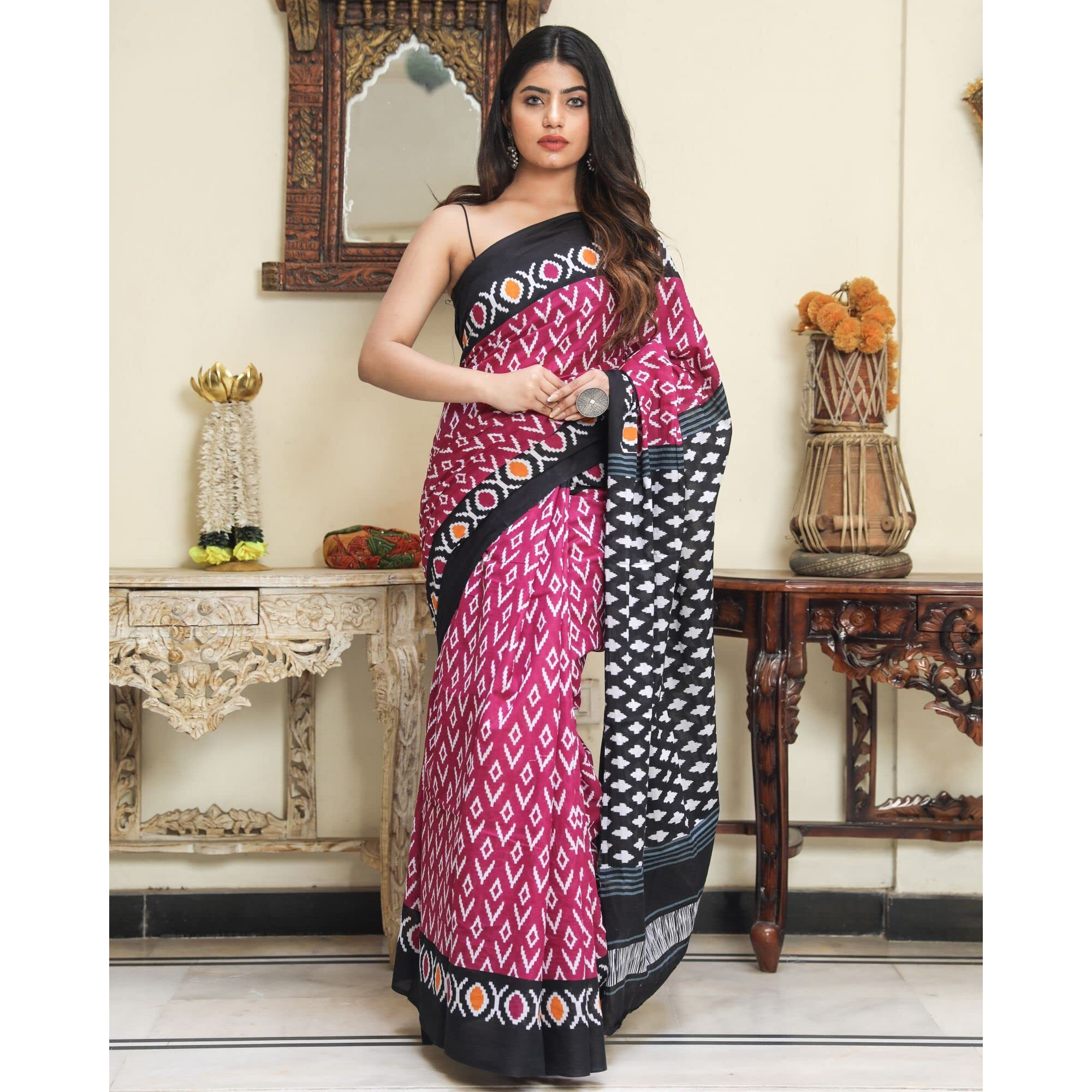 JALTHER Handicrafts Womens Ikat Hand Block Print Jaipuri Cotton Mulmul Saree with Blouse Piece - Maroon_DESIGN 7