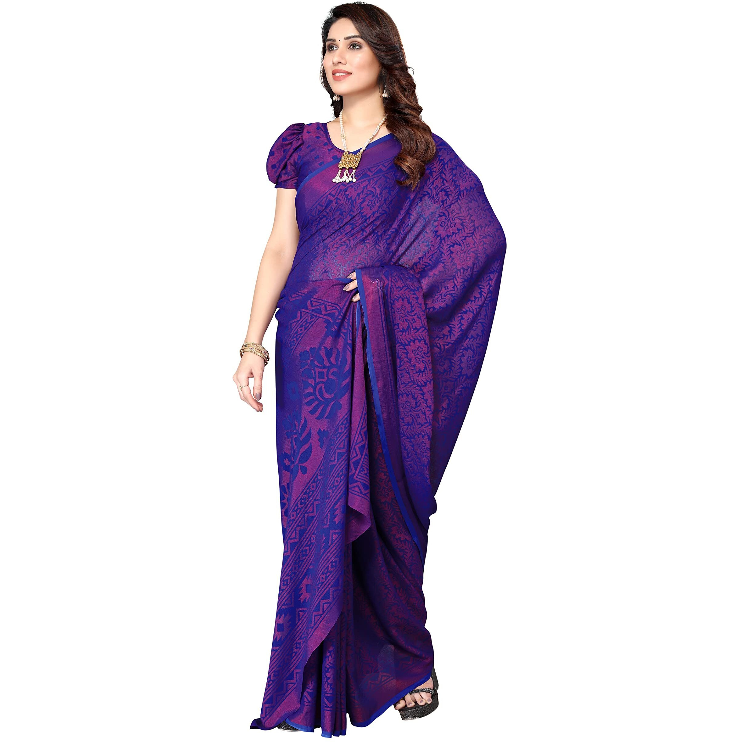 Winza Designer WDP Brasso Rati Royal Blue W Plain Chiffon Stylish Saree For Women