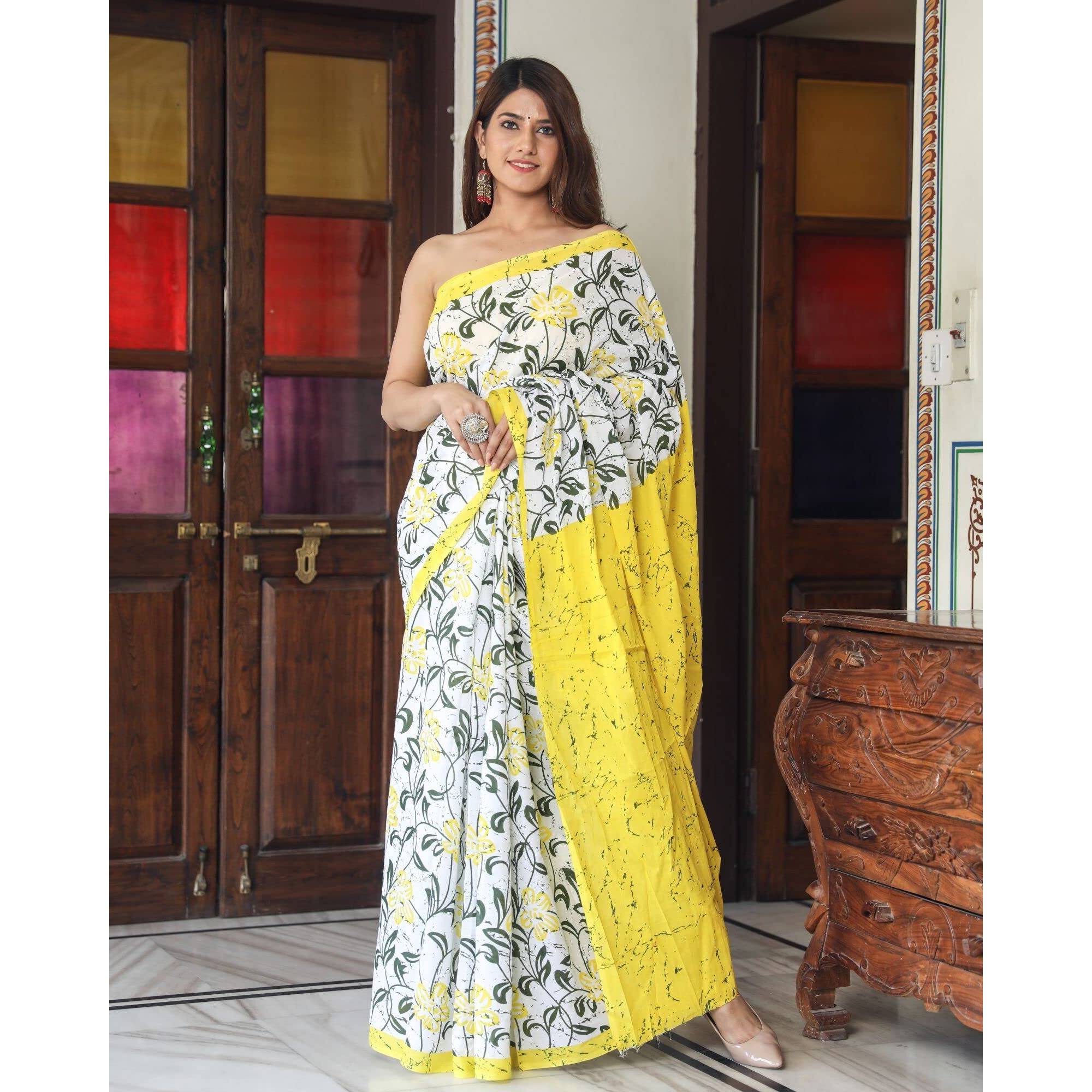 JALTHER Handicrafts Womens Ikat Hand Block Print Jaipuri Cotton Mulmul Saree with Blouse Piece - Yellow_DESIGN 1