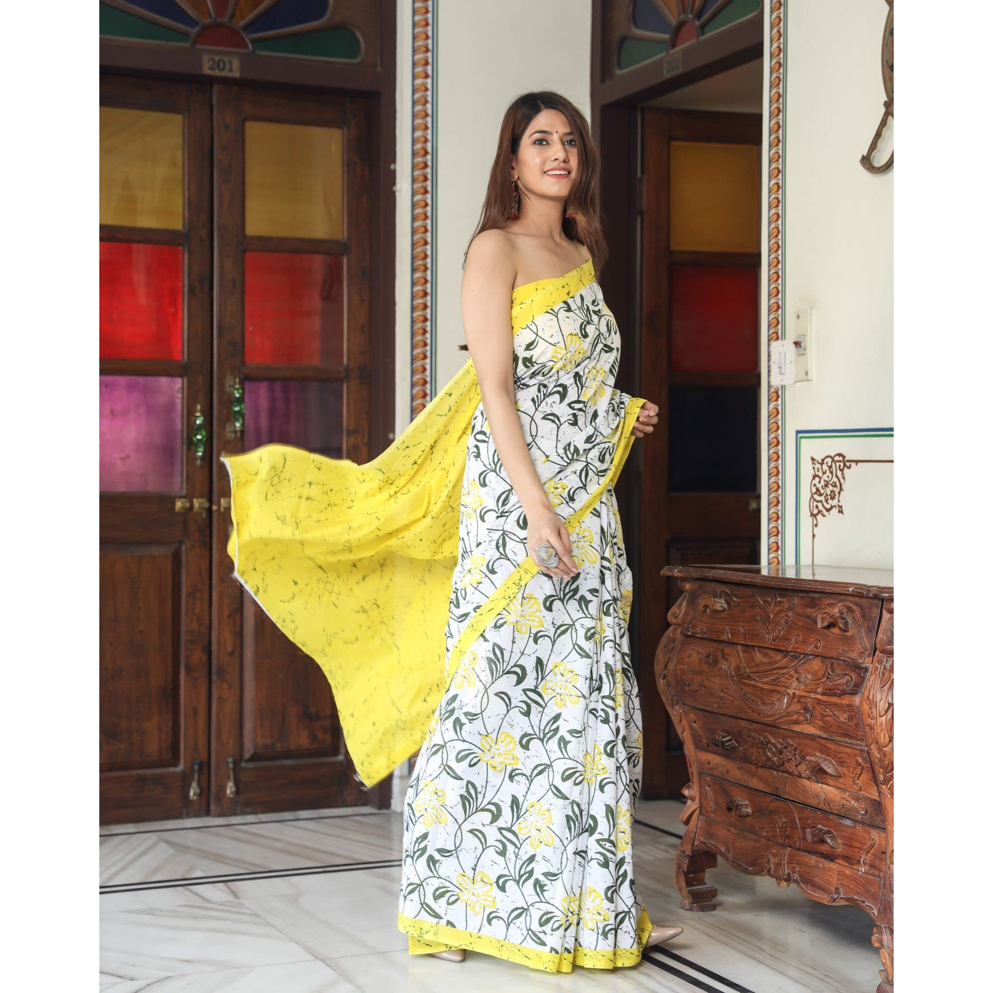 JALTHER Handicrafts Womens Ikat Hand Block Print Jaipuri Cotton Mulmul Saree with Blouse Piece - Yellow_DESIGN 1