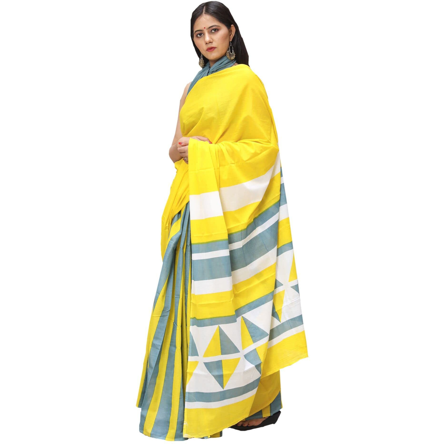 JALTHER Handicrafts Womens Ikat Hand Block Print Jaipuri Cotton Mulmul Saree with Blouse Piece - Yellow_DESIGN 18