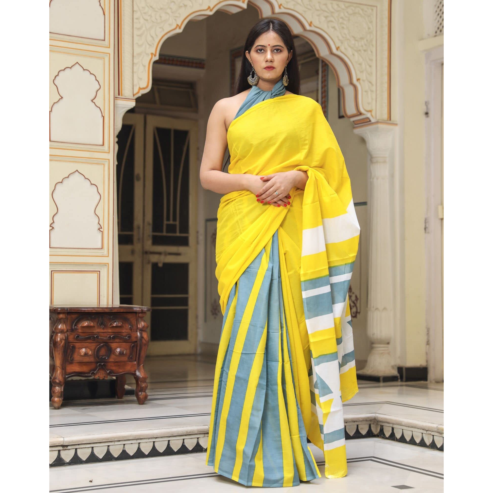 JALTHER Handicrafts Womens Ikat Hand Block Print Jaipuri Cotton Mulmul Saree with Blouse Piece - Yellow_DESIGN 18