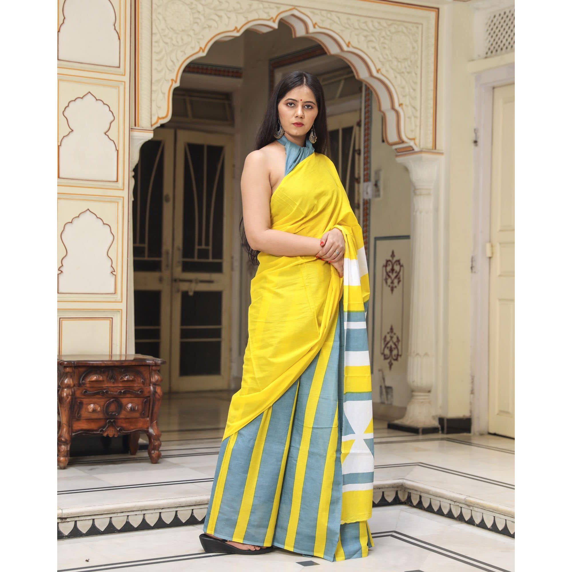 JALTHER Handicrafts Womens Ikat Hand Block Print Jaipuri Cotton Mulmul Saree with Blouse Piece - Yellow_DESIGN 18