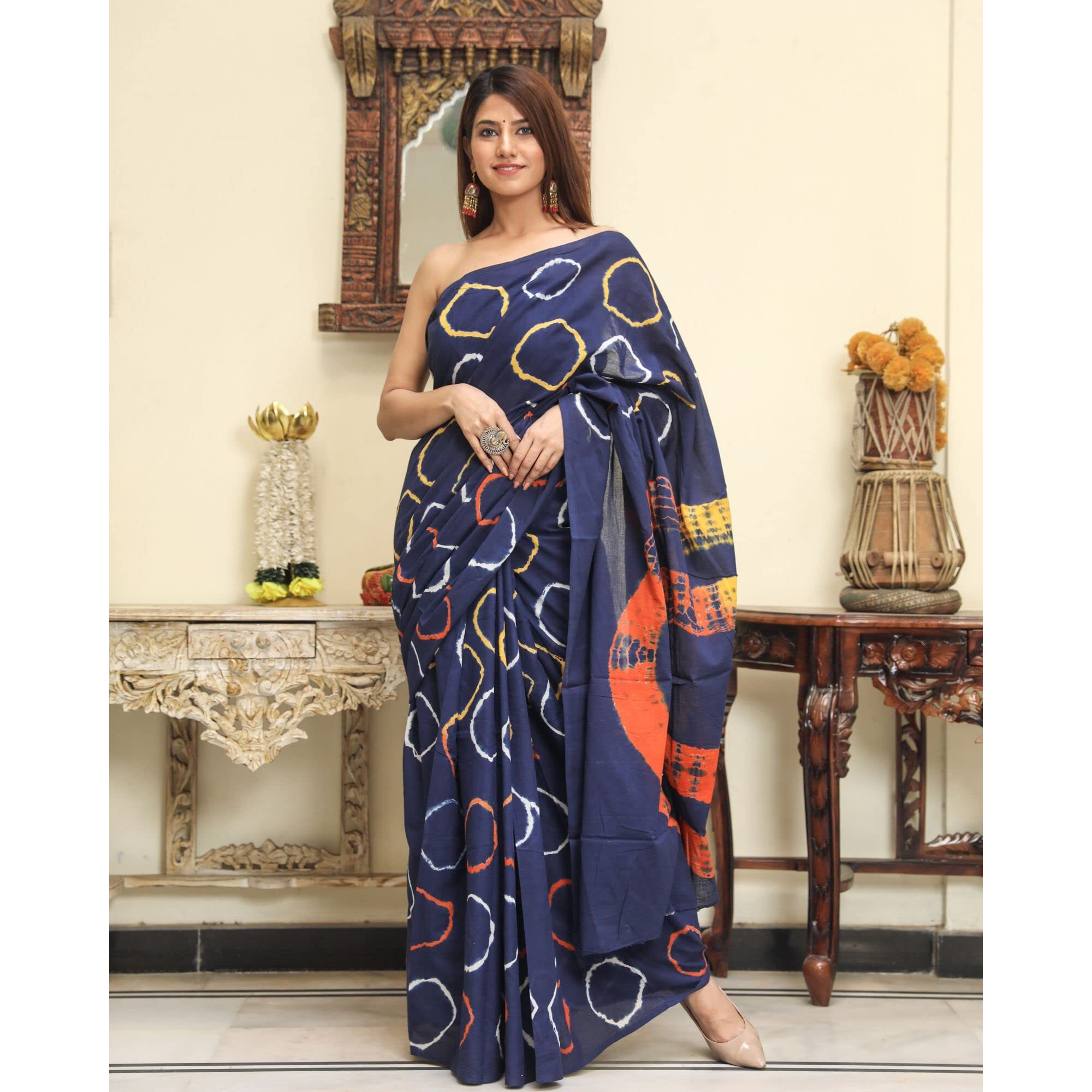 JALTHER Handicrafts Womens Ikat Hand Block Print Jaipuri Cotton Mulmul Saree with Blouse Piece - Blue_DESIGN 30