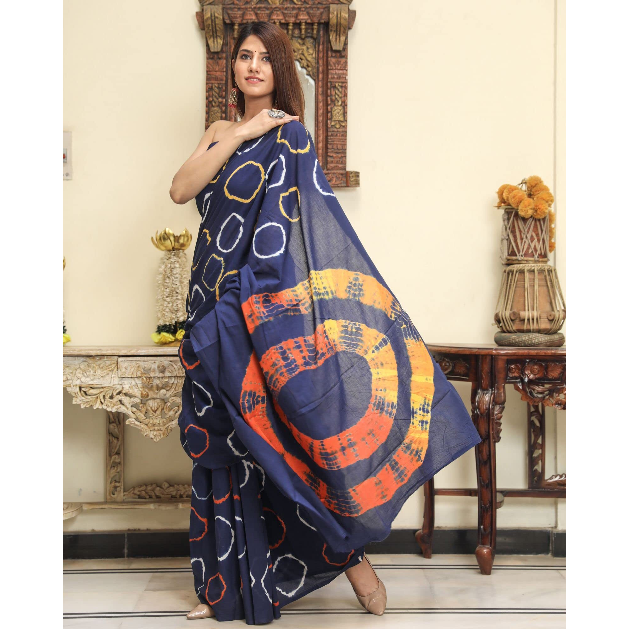 JALTHER Handicrafts Womens Ikat Hand Block Print Jaipuri Cotton Mulmul Saree with Blouse Piece - Blue_DESIGN 30