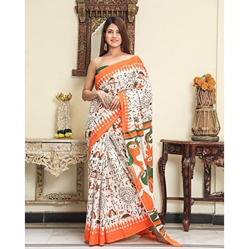 JALTHER Handicrafts Womens Ikat Hand Block Print Jaipuri Cotton Mulmul Saree with Blouse Piece - Orange_DESIGN 27