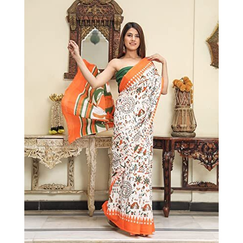 JALTHER Handicrafts Womens Ikat Hand Block Print Jaipuri Cotton Mulmul Saree with Blouse Piece - Orange_DESIGN 27