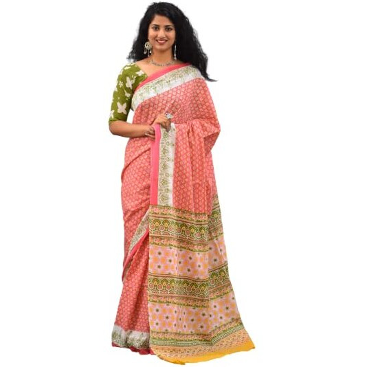 JALTHER Handicrafts Womens Ikat Hand Block Print Jaipuri Cotton Mulmul Saree with Blouse Piece - Orange_DESIGN 32