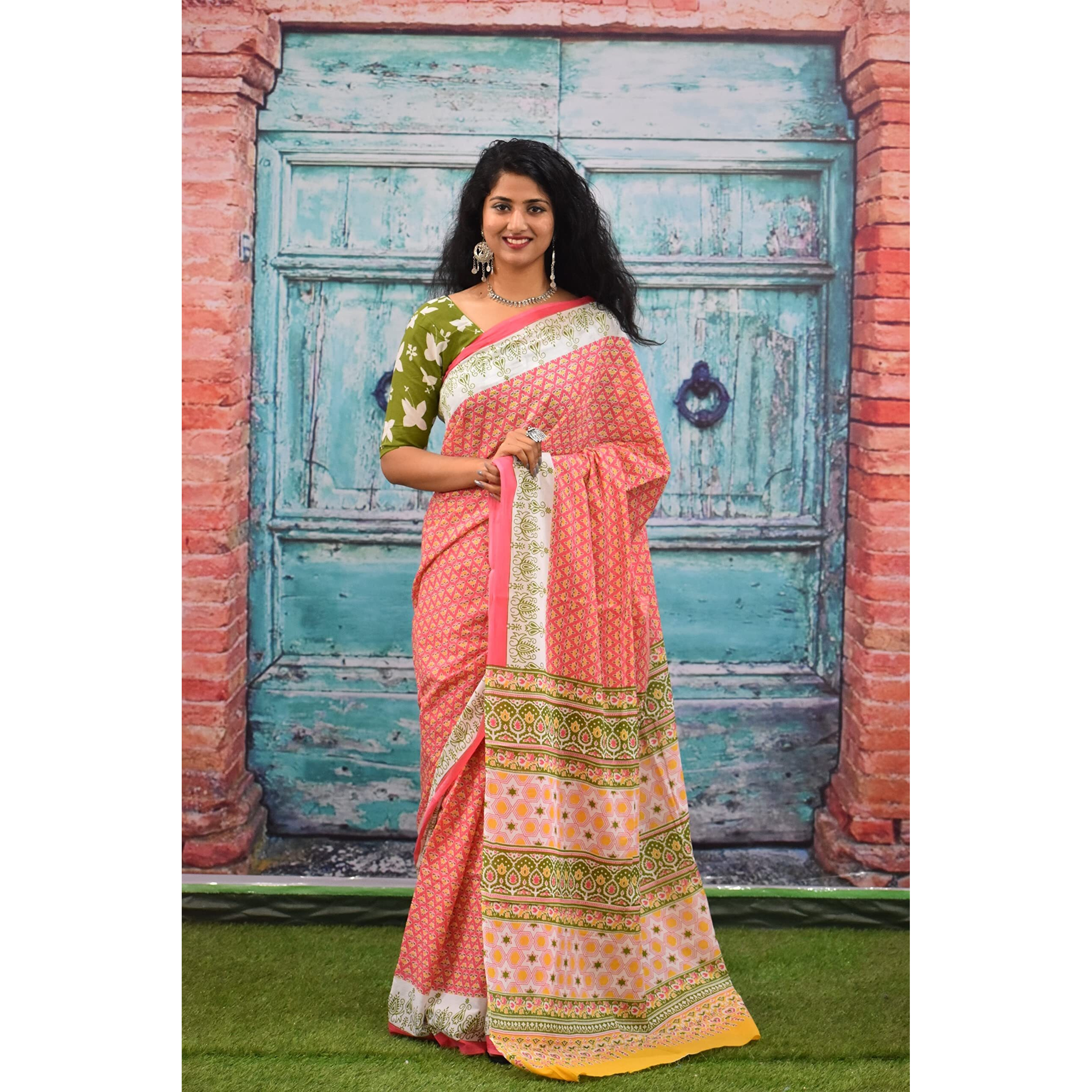 JALTHER Handicrafts Womens Ikat Hand Block Print Jaipuri Cotton Mulmul Saree with Blouse Piece - Orange_DESIGN 32