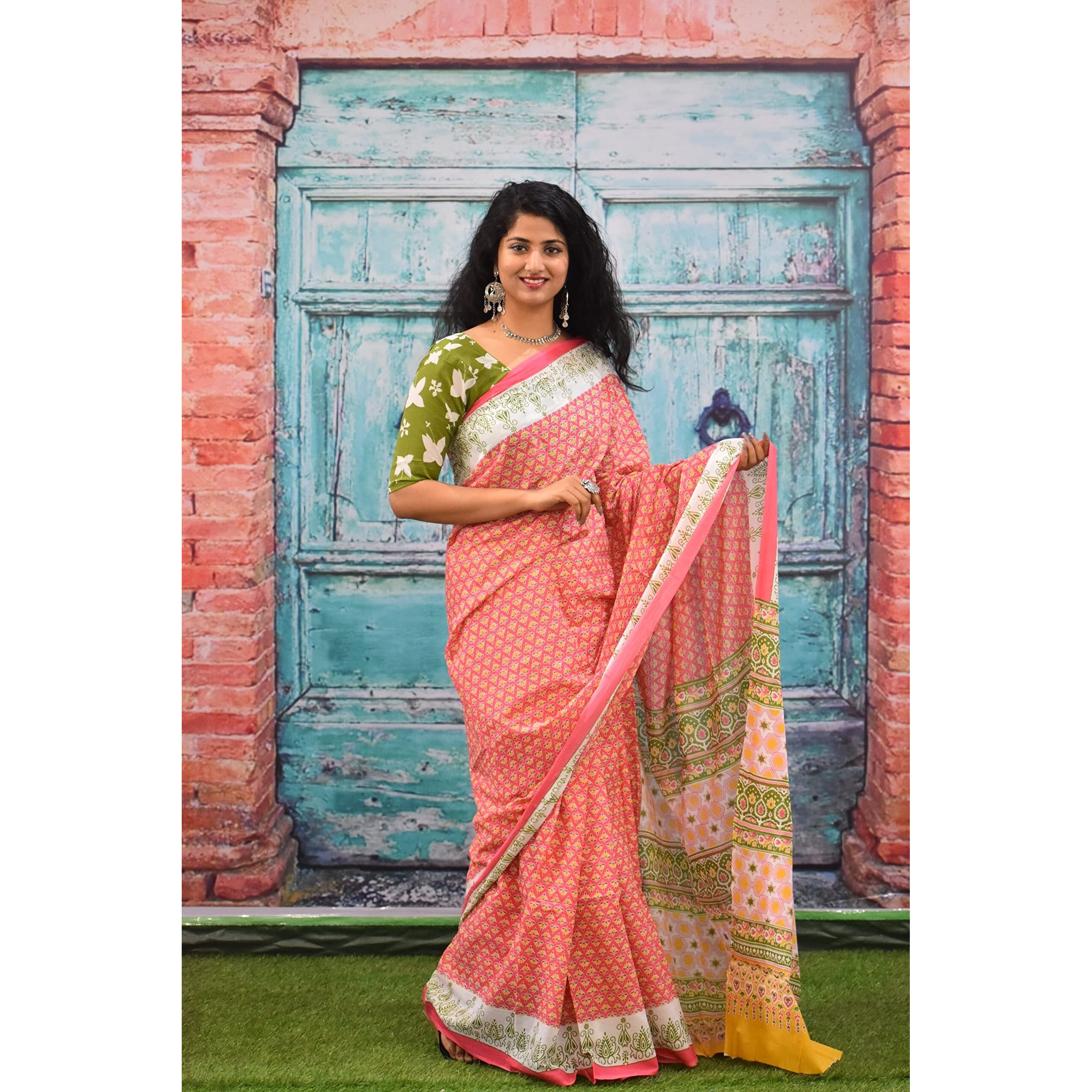 JALTHER Handicrafts Womens Ikat Hand Block Print Jaipuri Cotton Mulmul Saree with Blouse Piece - Orange_DESIGN 32