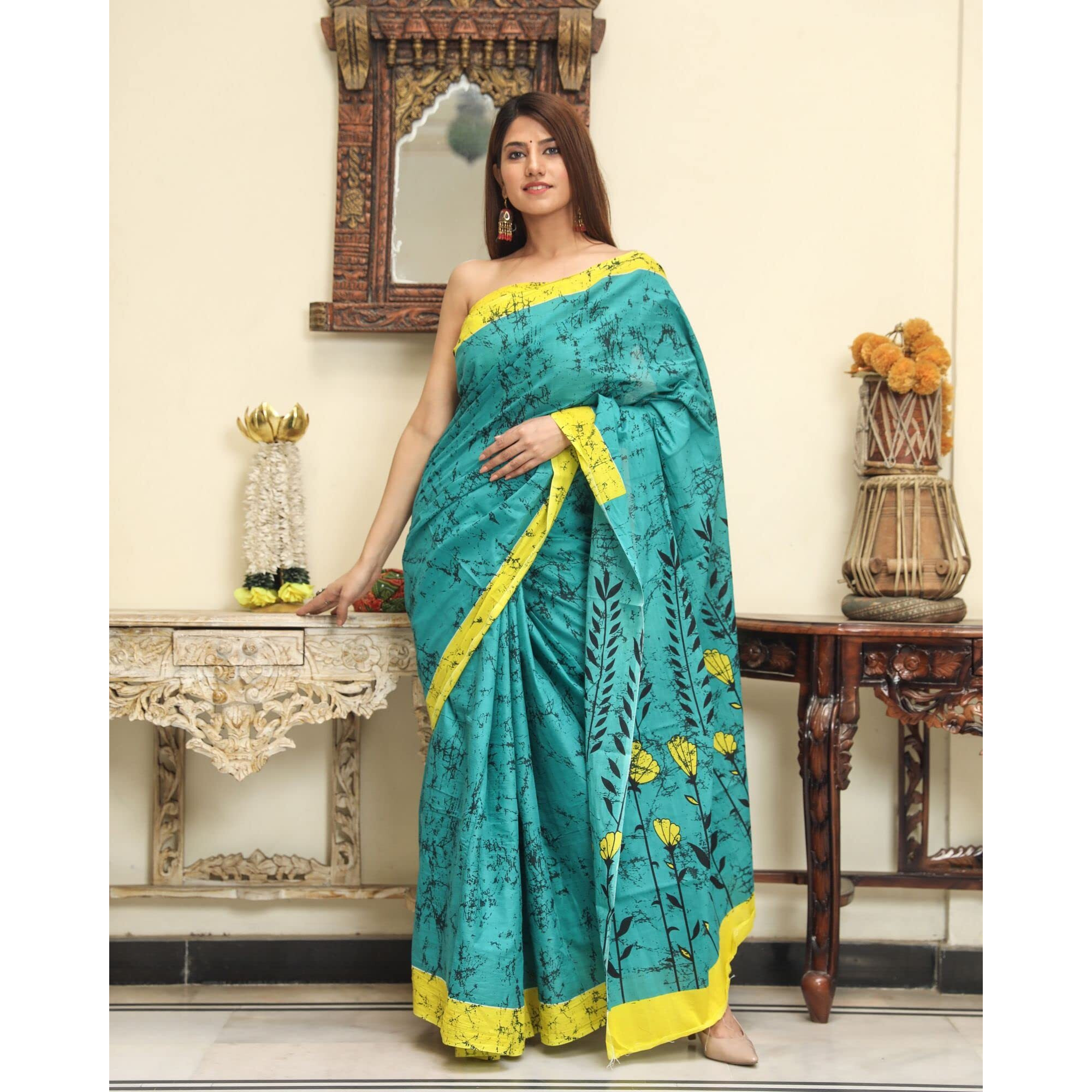 JALTHER Handicrafts Womens Ikat Hand Block Print Jaipuri Cotton Mulmul Saree with Blouse Piece