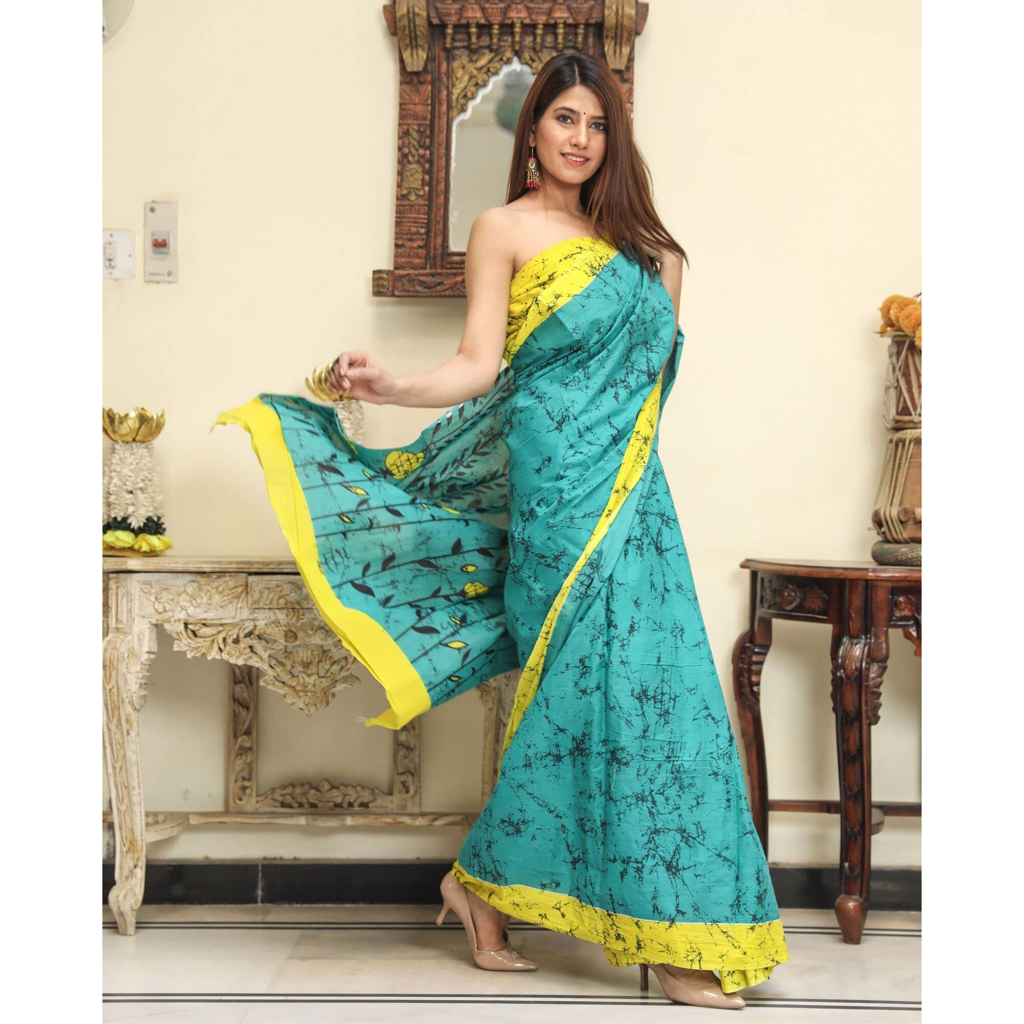 JALTHER Handicrafts Womens Ikat Hand Block Print Jaipuri Cotton Mulmul Saree with Blouse Piece