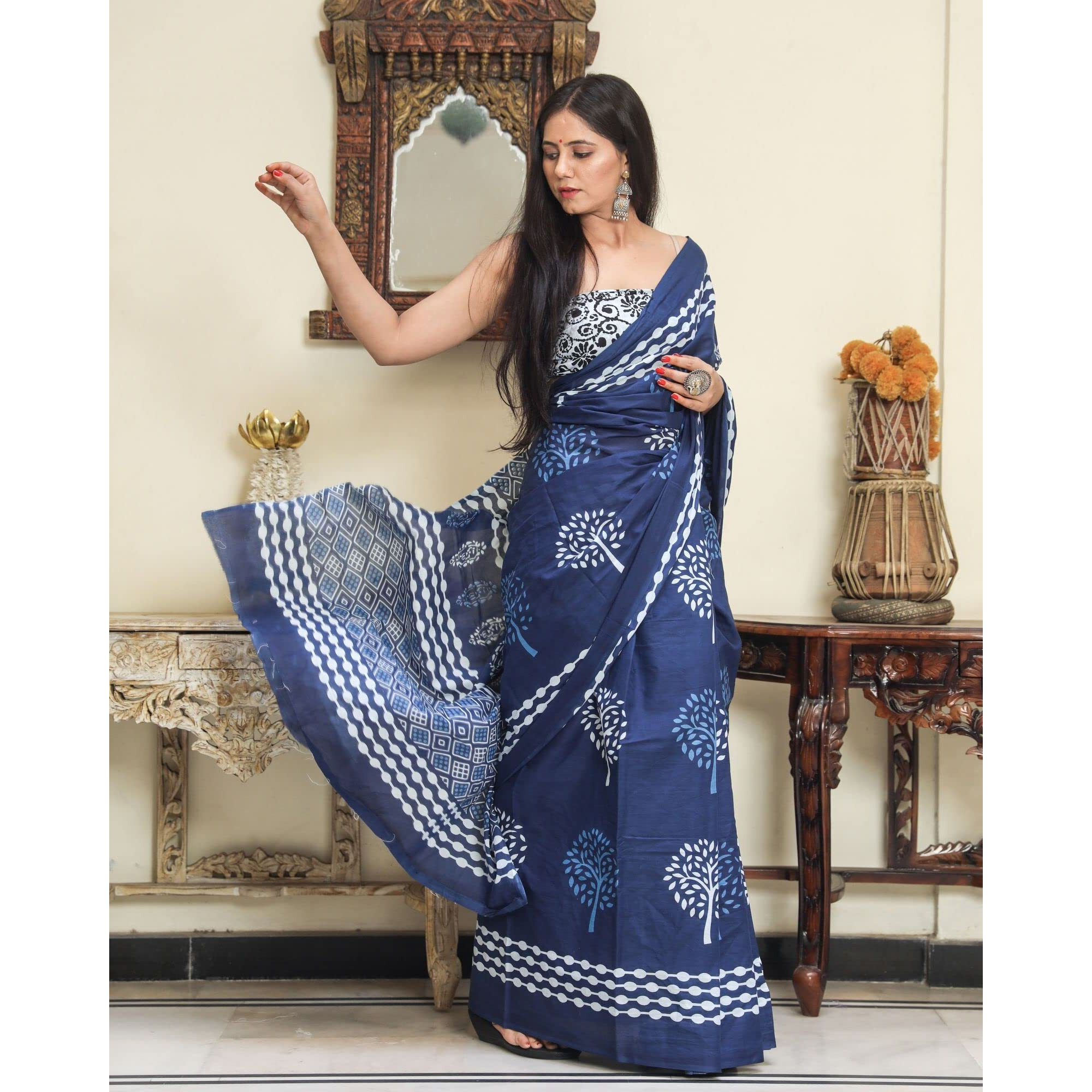 JALTHER Handicrafts Womens Ikat Hand Block Print Jaipuri Cotton Mulmul Saree with Blouse Piece - Blue_DESIGN 10