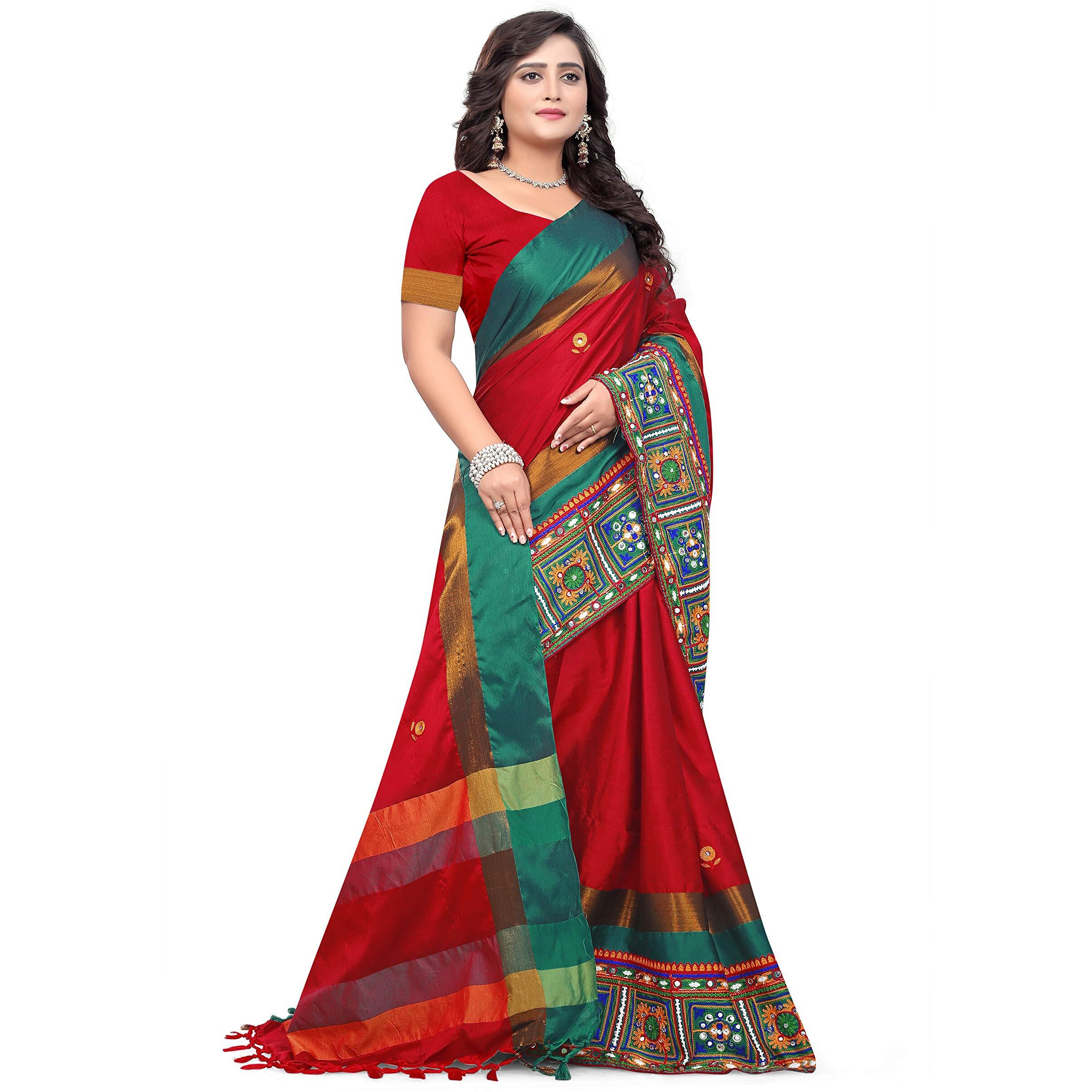 arriva fab cotton silk with blouse piece Saree (Riva405_ Red_ Free Size)