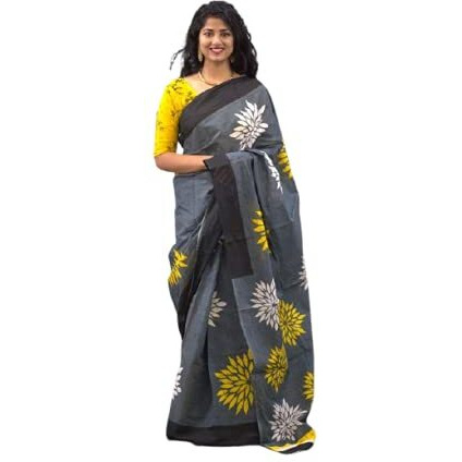 Jalther Handicrafts Womens Ikat Hand Block Print Jaipuri Cotton Mulmul Saree with Blouse Piece - White