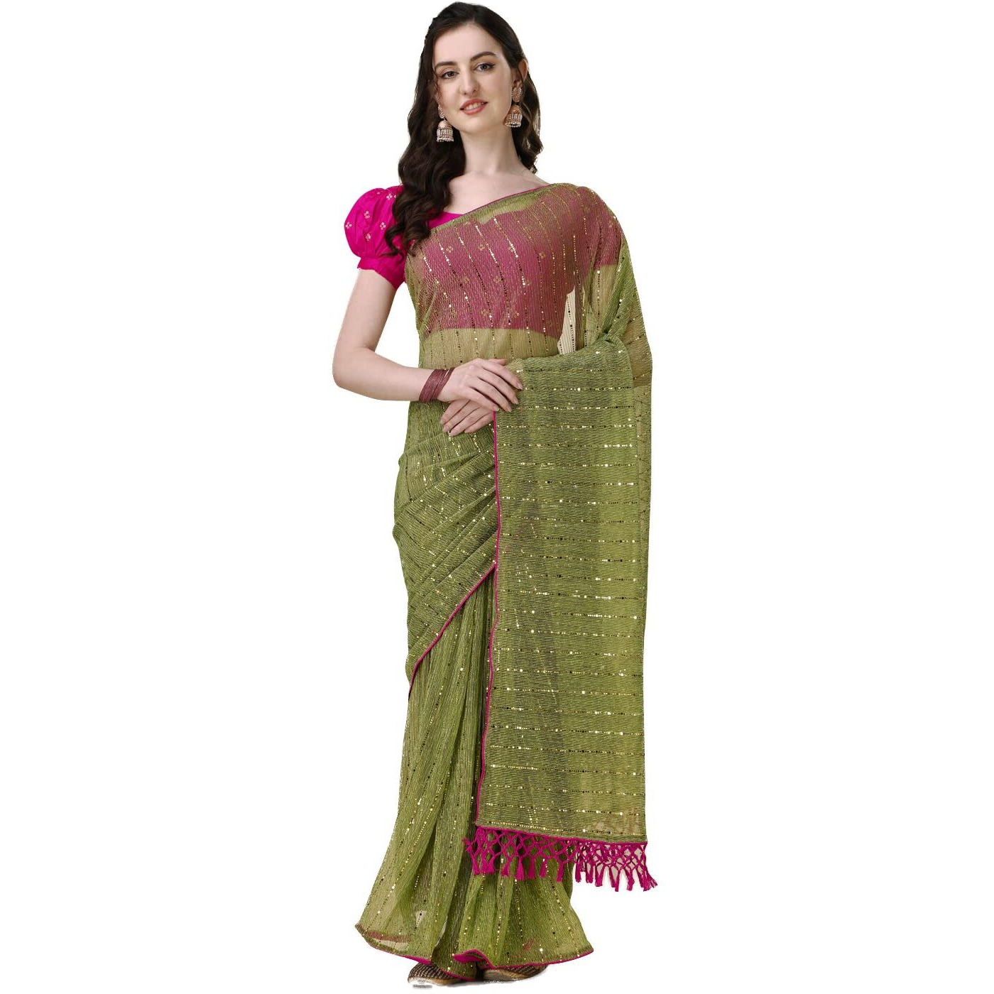 Granthva Fab Womens Embellished Silk Blend Fancy Saree with Blouse Piece (GF-335_Fluorescent Green)