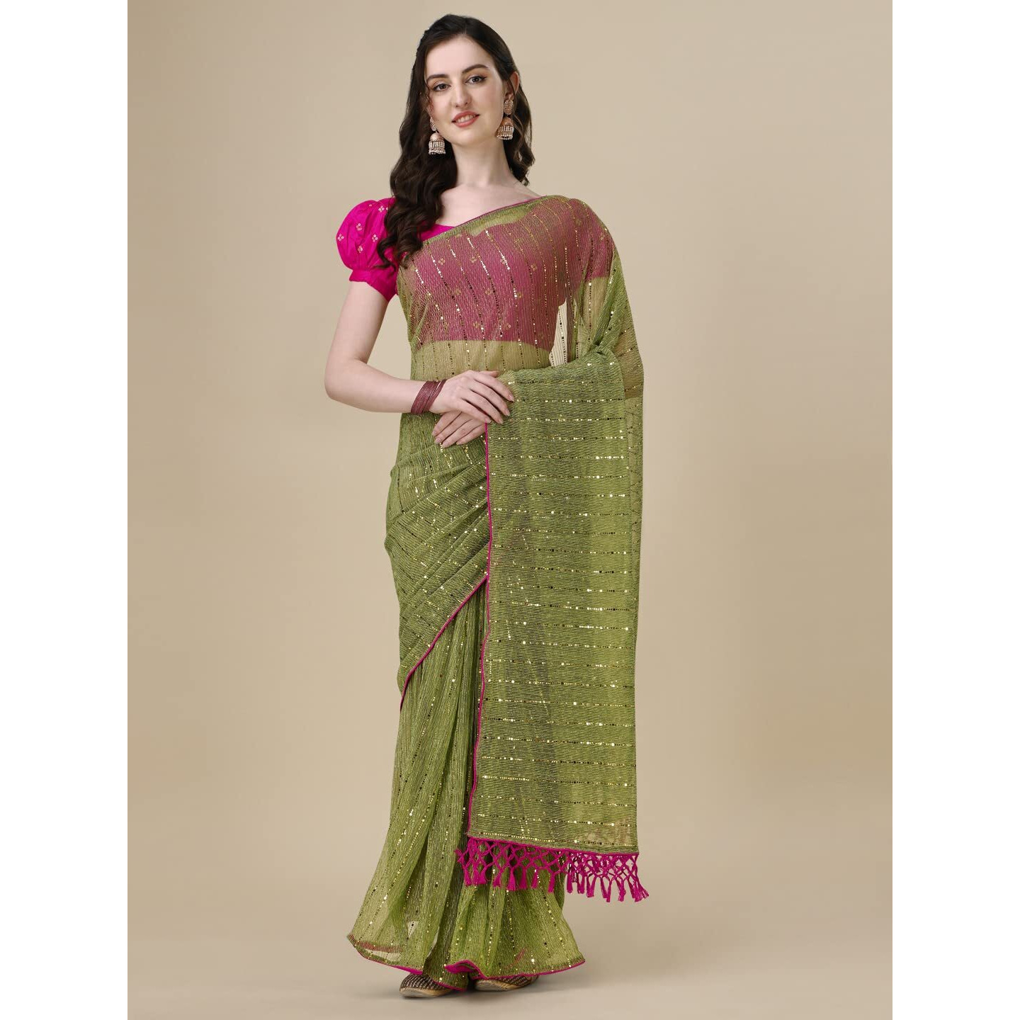 Granthva Fab Womens Embellished Silk Blend Fancy Saree with Blouse Piece (GF-335_Fluorescent Green)