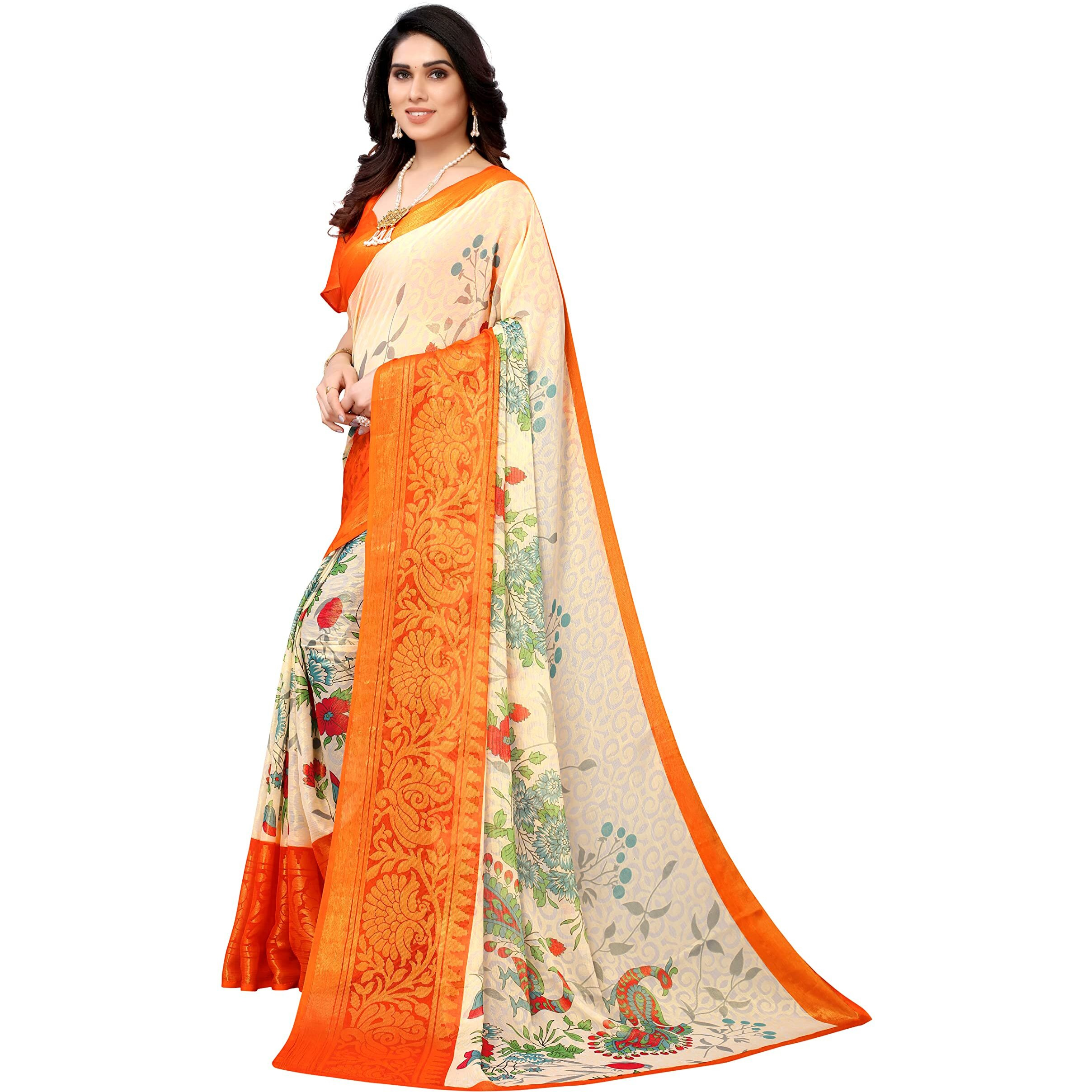 Winza Designer PS Brasso 108 Orange_W Plain Chiffon sarees for women