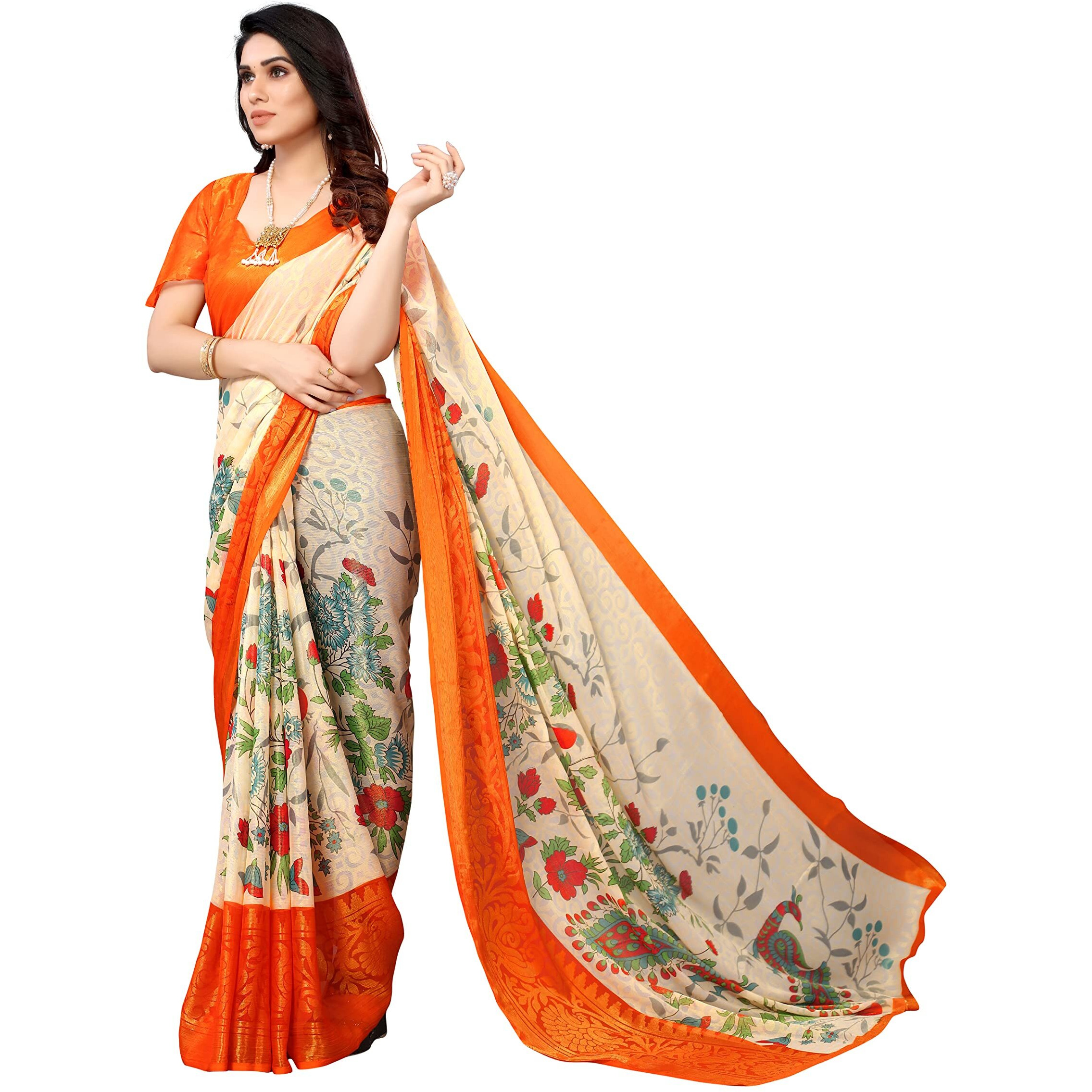 Winza Designer PS Brasso 108 Orange_W Plain Chiffon sarees for women