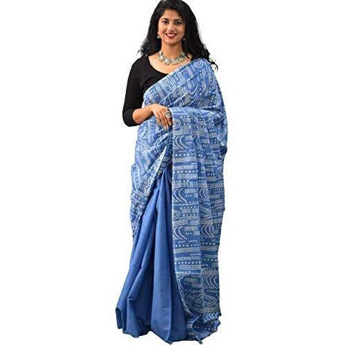 JALTHER Handicrafts Womens Ikat Hand Block Print Jaipuri Cotton Mulmul Saree with Blouse Piece Blue