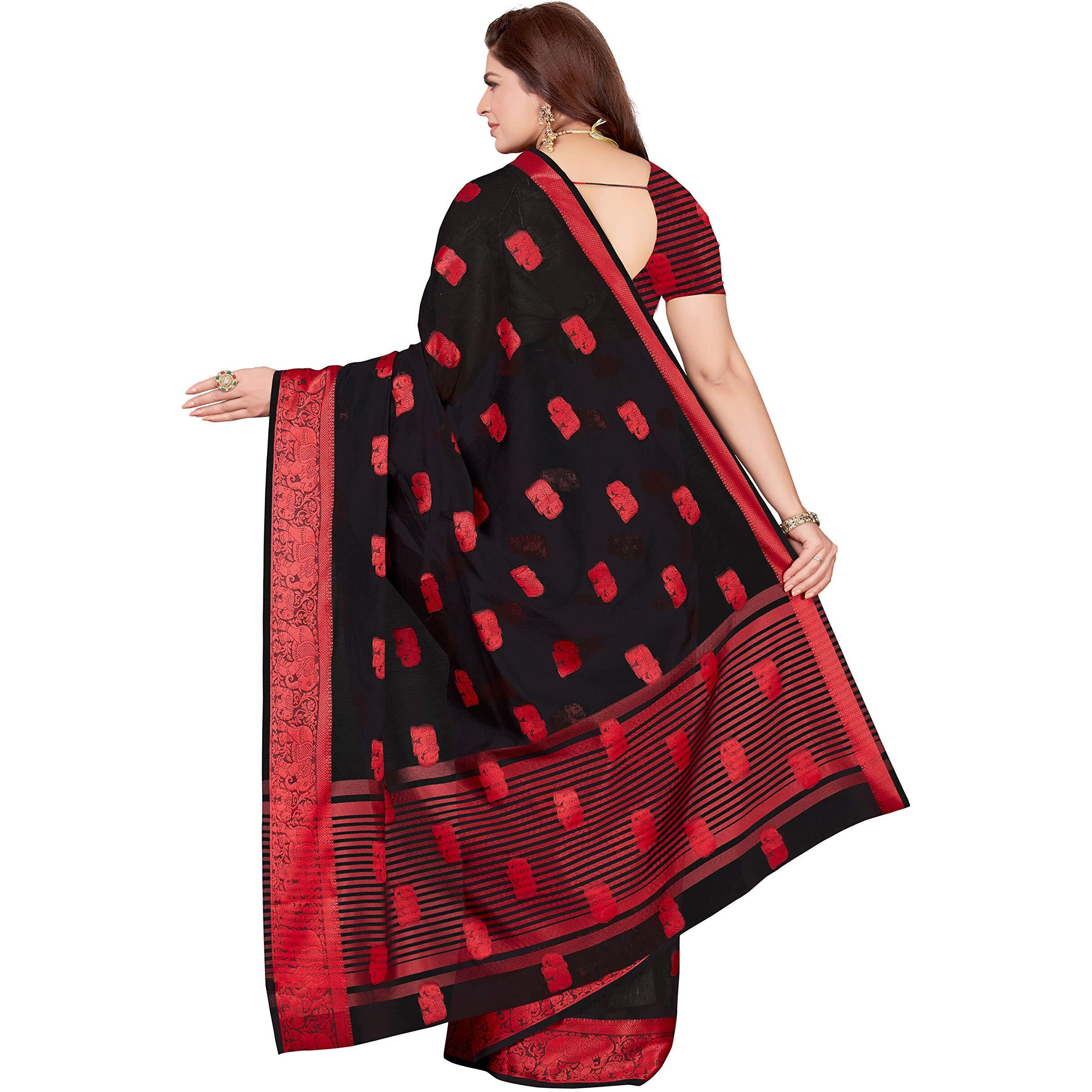 MALIQUA Plain Weave Poly Cotton Saree with Blouse Piece (Black & Red)