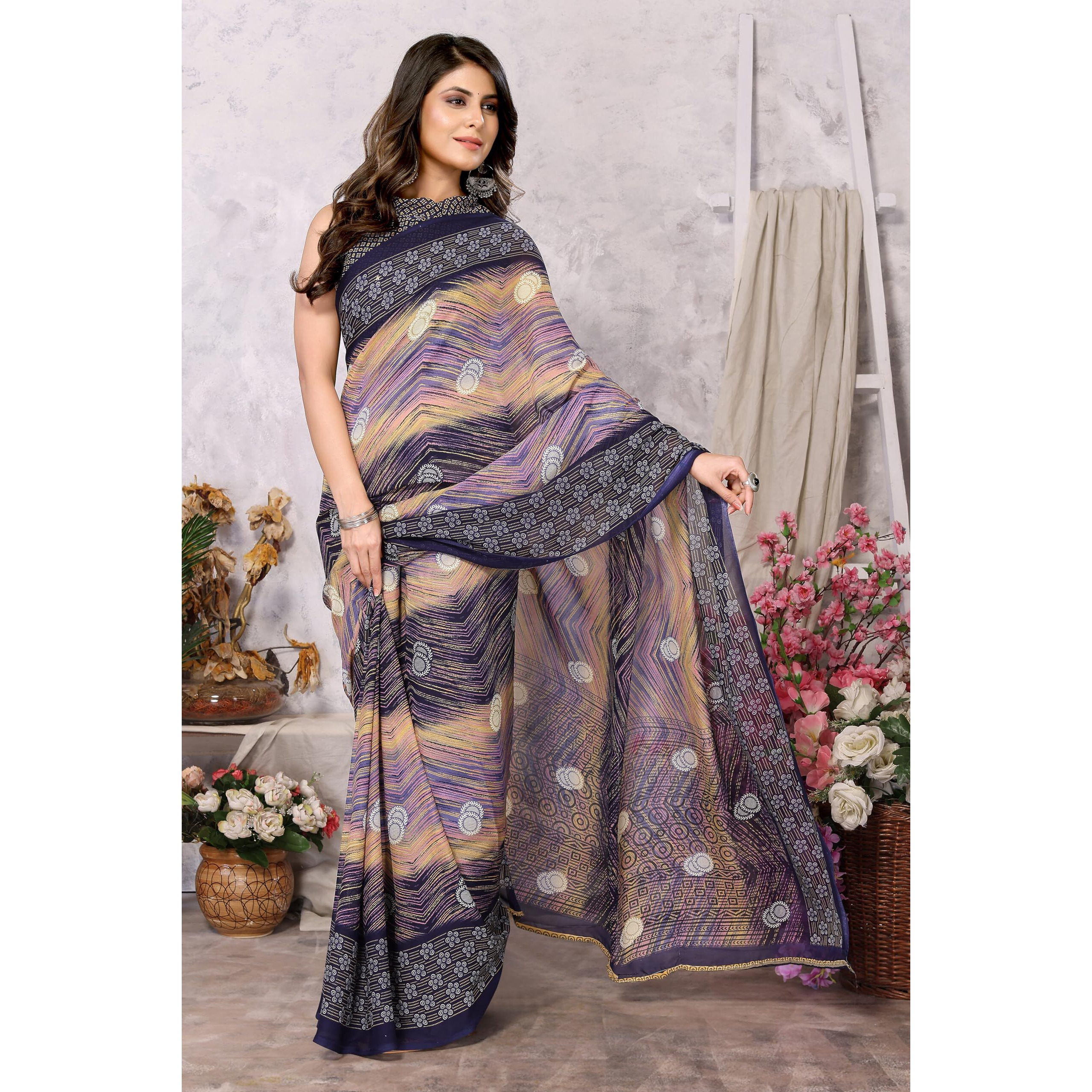 Yashika Womens Trendy Printed Georgette Navy Color Saree with Blouse Material(AZ-YS-P1-MANARA NAVY)