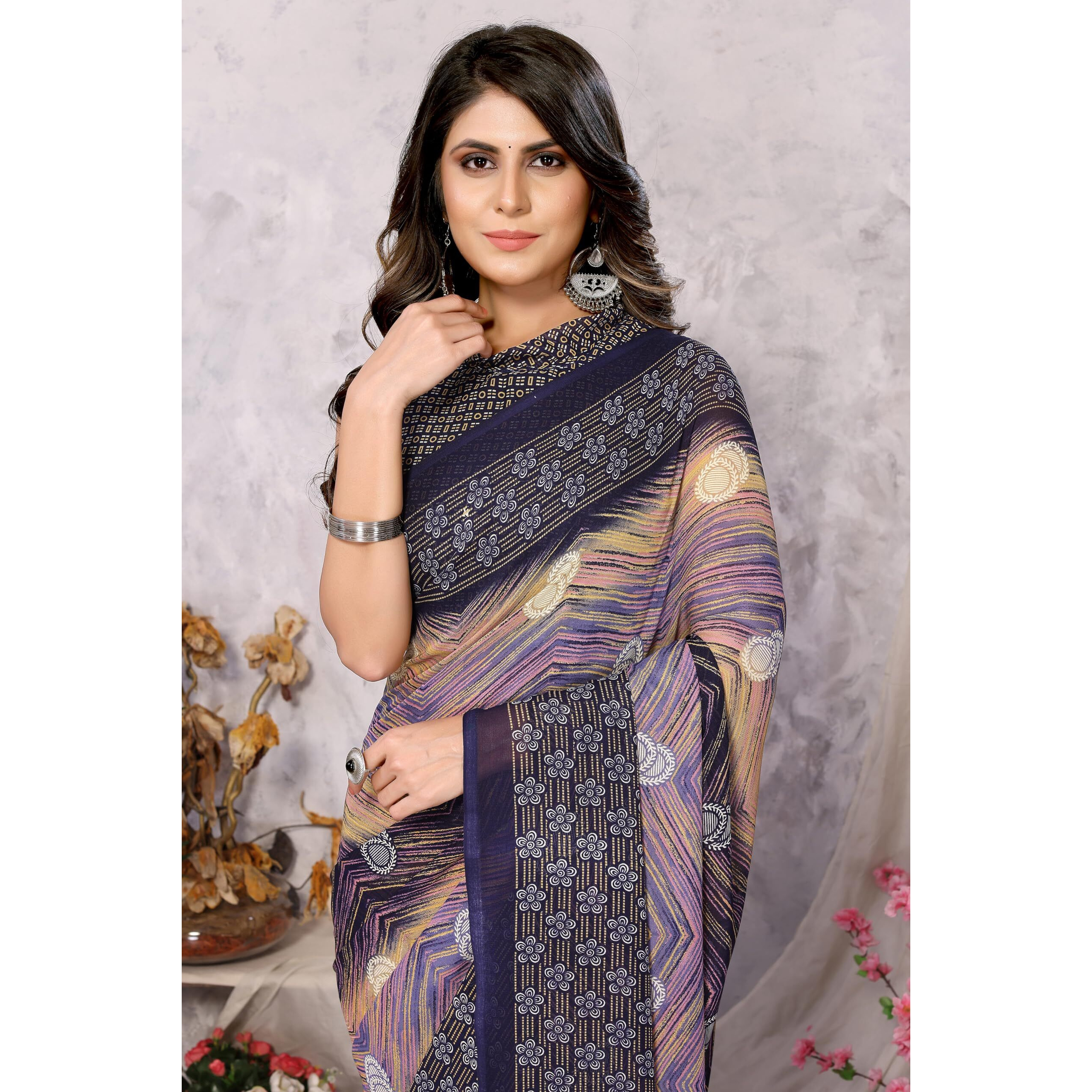 Yashika Womens Trendy Printed Georgette Navy Color Saree with Blouse Material(AZ-YS-P1-MANARA NAVY)
