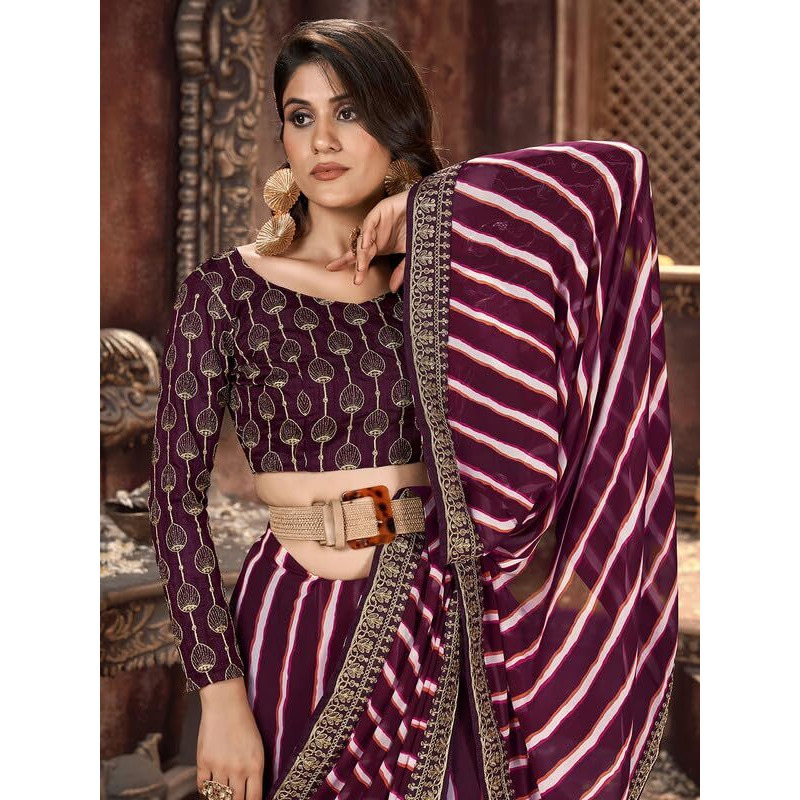 SIRIL Womens Laheriya Printed Georgette Saree with Unstitched Blouse Piece (3252S590_Wine)