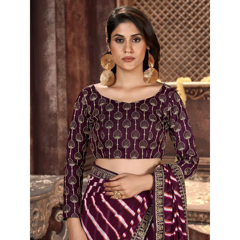 SIRIL Womens Laheriya Printed Georgette Saree with Unstitched Blouse Piece (3252S590_Wine)