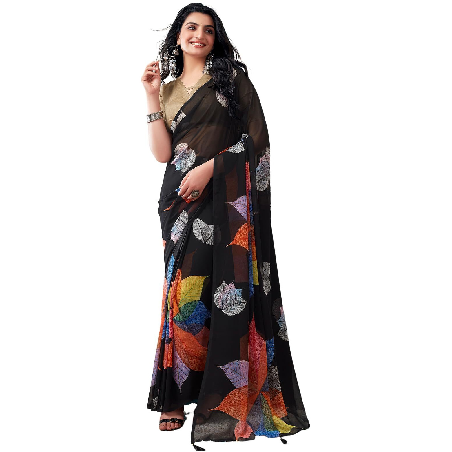 Satrani Womens Georgette Floral Printed Ready To Wear Saree with Unstitched Blouse Piece (4RS108N_Black6)