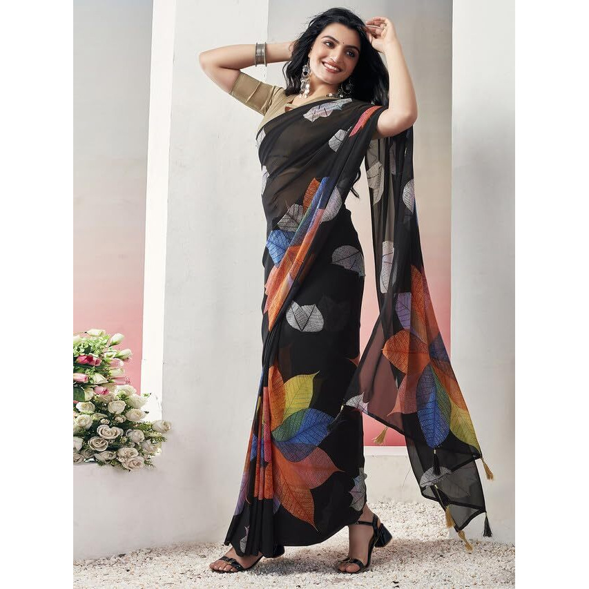 Satrani Womens Georgette Floral Printed Ready To Wear Saree with Unstitched Blouse Piece (4RS108N_Black6)
