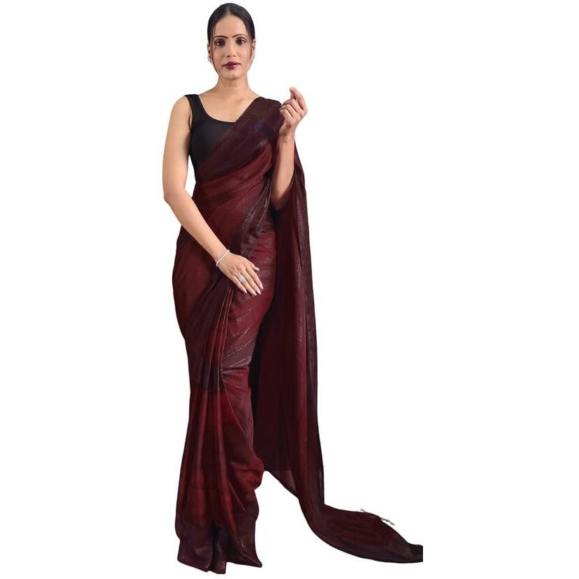 Satrani Womens Georgette Printed & Ready To Wear Saree with Unstitched Blouse Piece (3374S366NA_Maroon &Brown3)