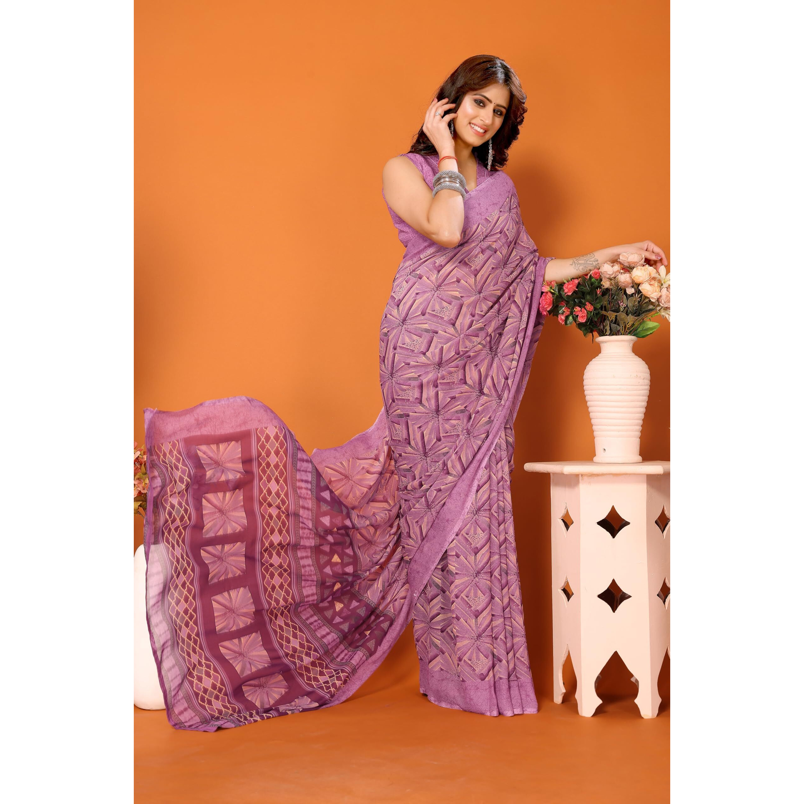 Yashika Womens Trendy Georgette Purple Color Saree with Blouse Material(BABLI PURPLE)