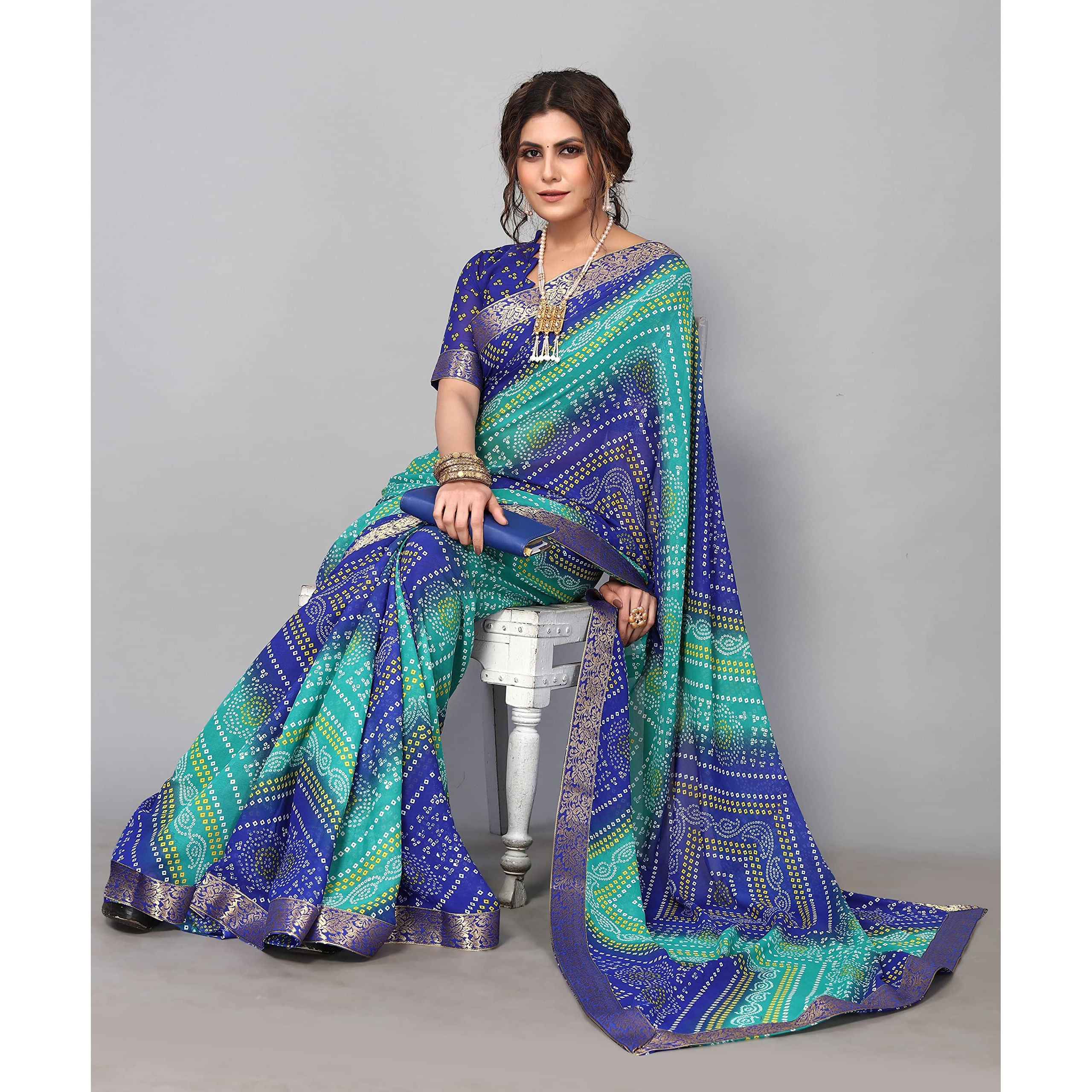 Yashika Womens Printed Georgette With Lace Saree With Blouse Piece (VERA BLUE)
