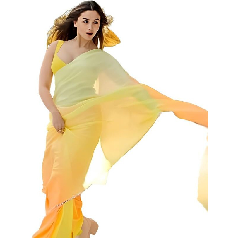 Satrani Womens Pure Georgette Saree (3192S3189N_Yellow & Light Orange & Peach5)