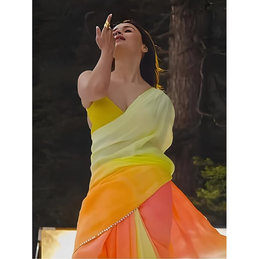Satrani Womens Pure Georgette Saree (3192S3189N_Yellow & Light Orange & Peach5)