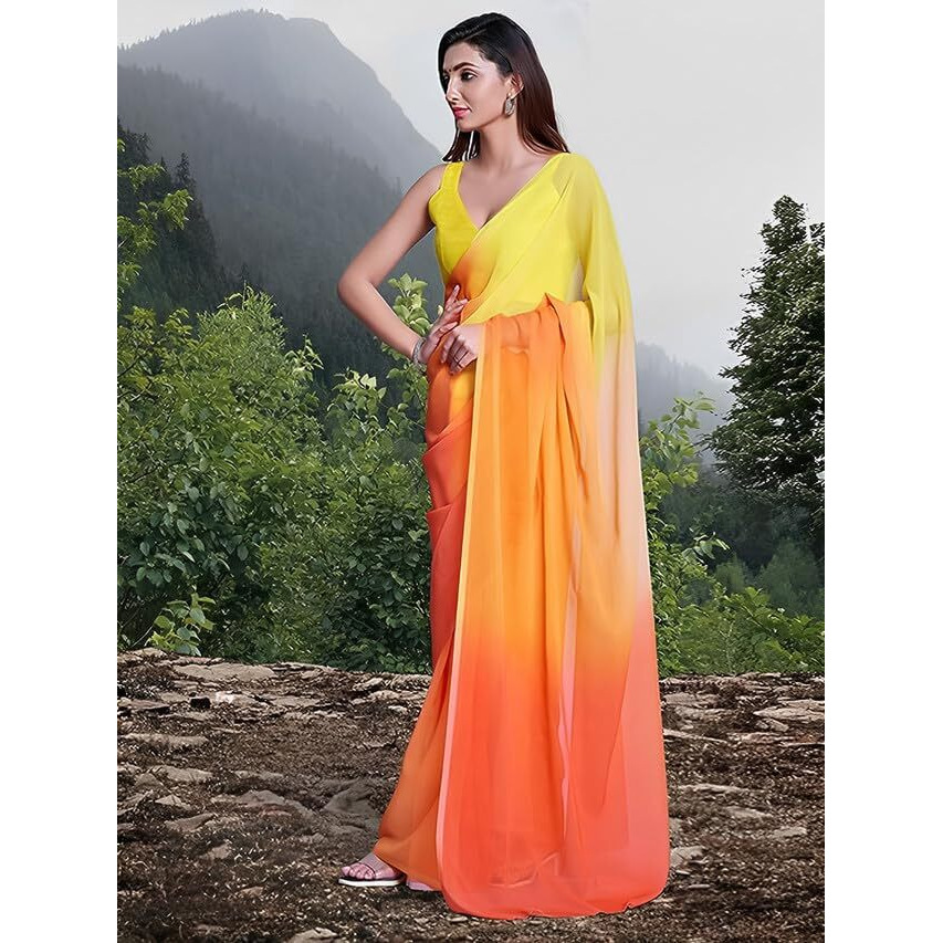 Satrani Womens Pure Georgette Saree (3192S3189N_Yellow & Light Orange & Peach5)