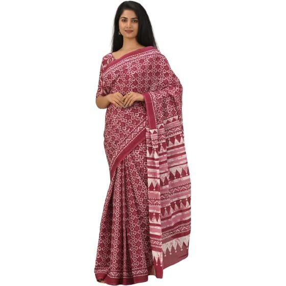 JALTHER Handicrafts Womens Ikat Hand Block Print Jaipuri Cotton Mulmul Saree with Blouse Piece - Purple_32