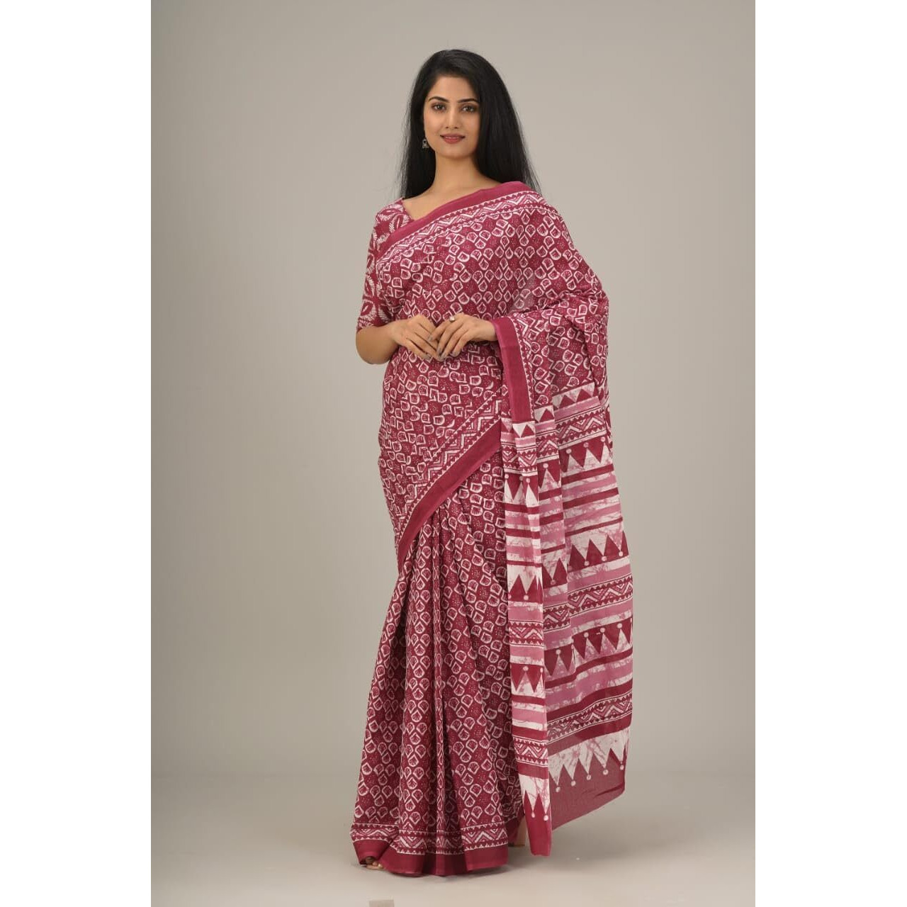 JALTHER Handicrafts Womens Ikat Hand Block Print Jaipuri Cotton Mulmul Saree with Blouse Piece - Purple_32