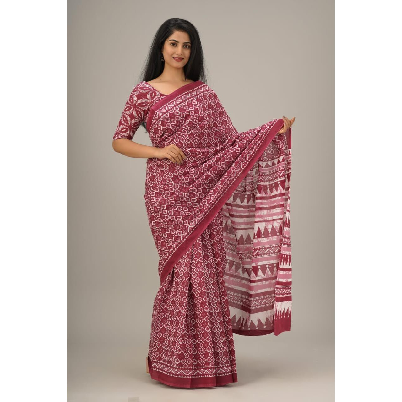 JALTHER Handicrafts Womens Ikat Hand Block Print Jaipuri Cotton Mulmul Saree with Blouse Piece - Purple_32