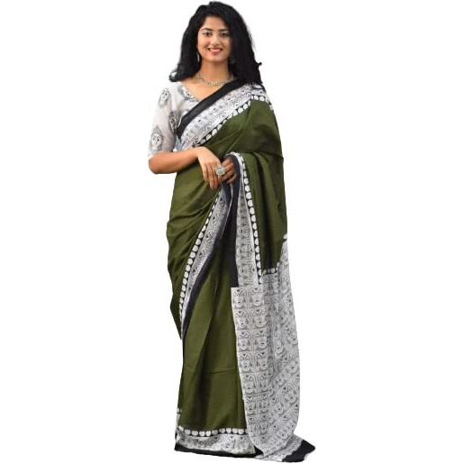 JALTHER Handicrafts Womens Ikat Hand Block Print Jaipuri Cotton Mulmul Saree with Blouse Piece - Green_369